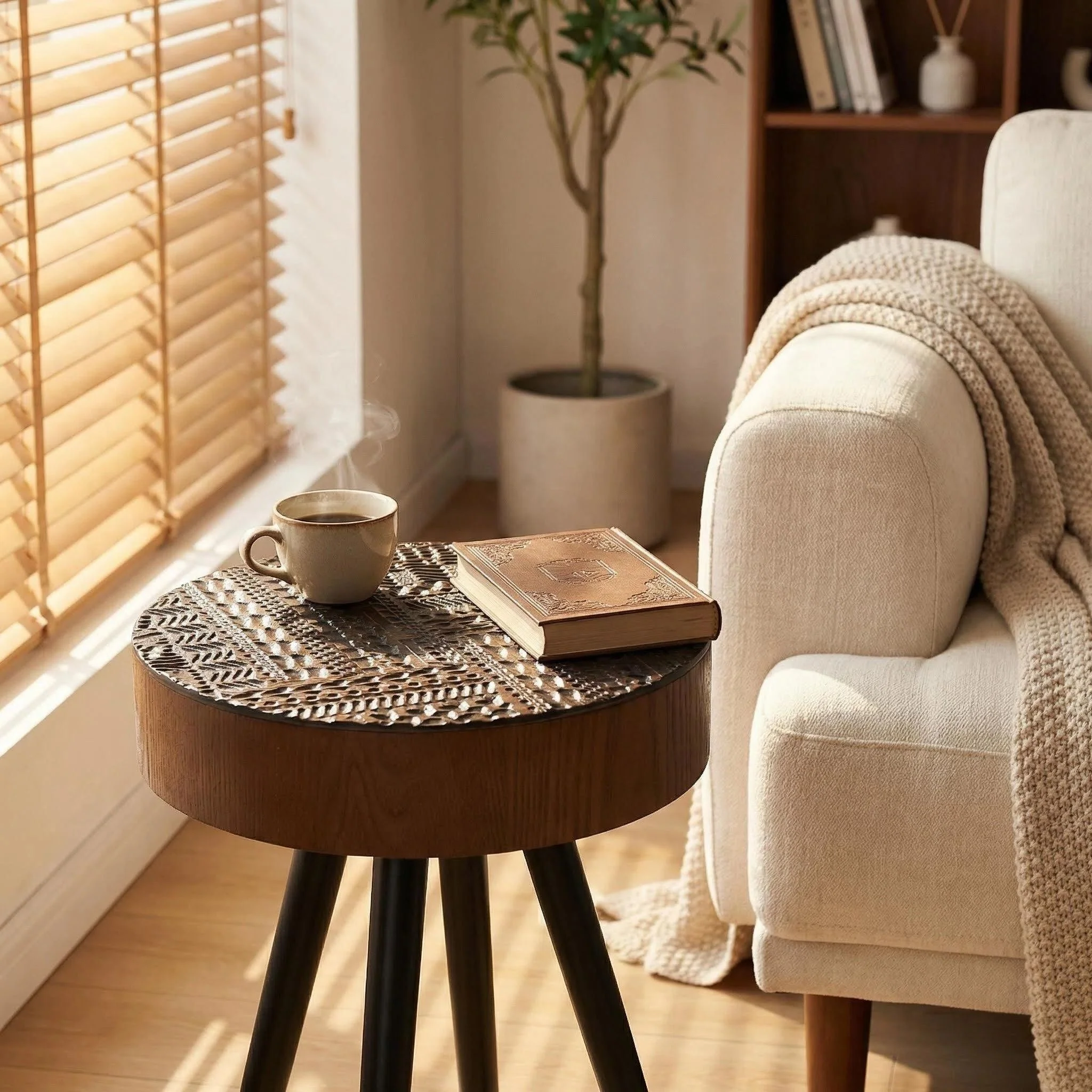 Round Coffee Table With Carved Top For Living Room - Image 9