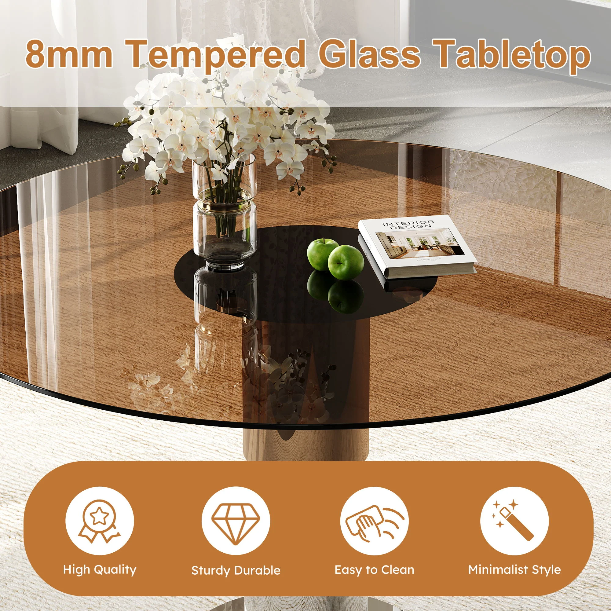 Round Dining Table & Tempered Glass Top - Brown - Image 6