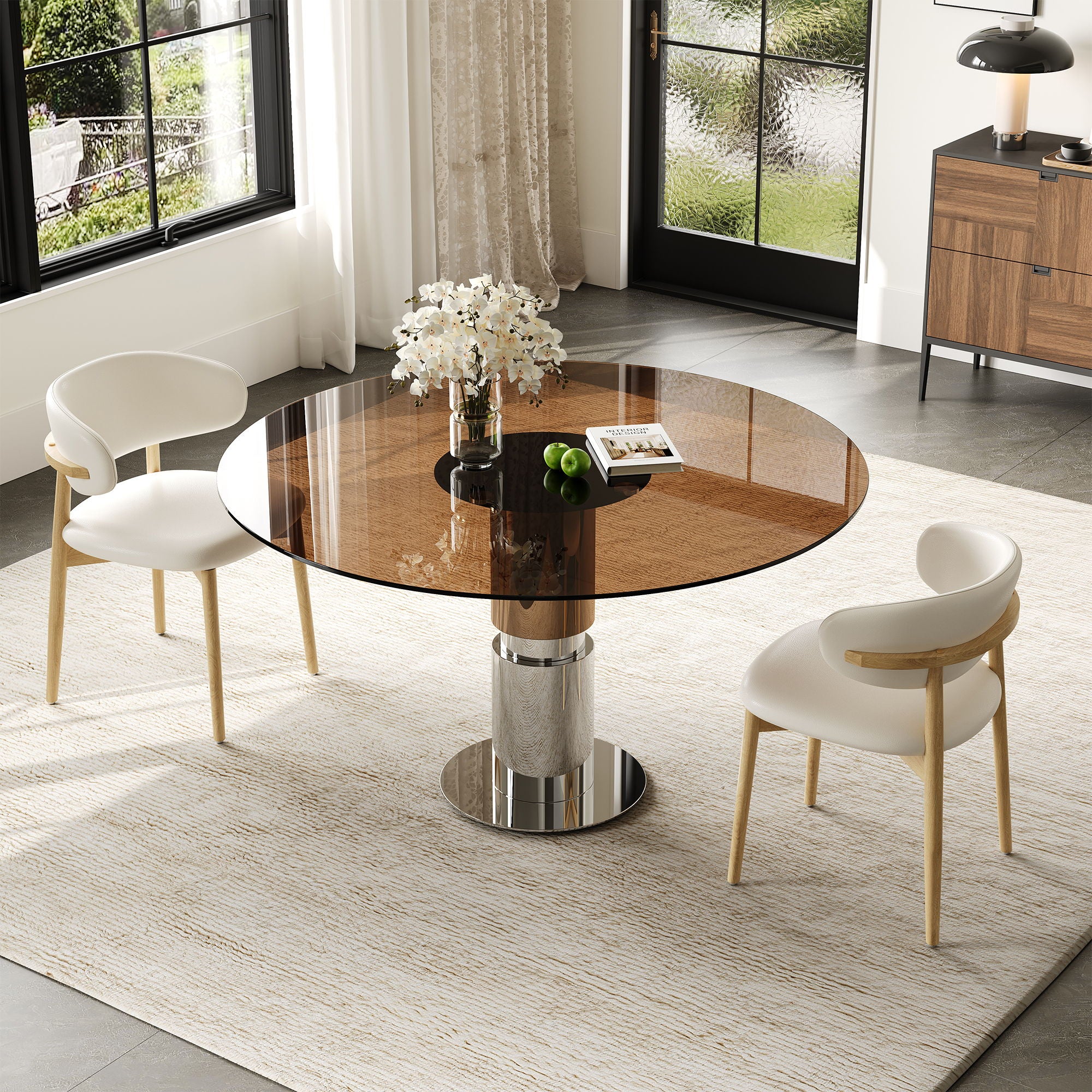 Round Dining Table & Tempered Glass Top - Brown - Image 8