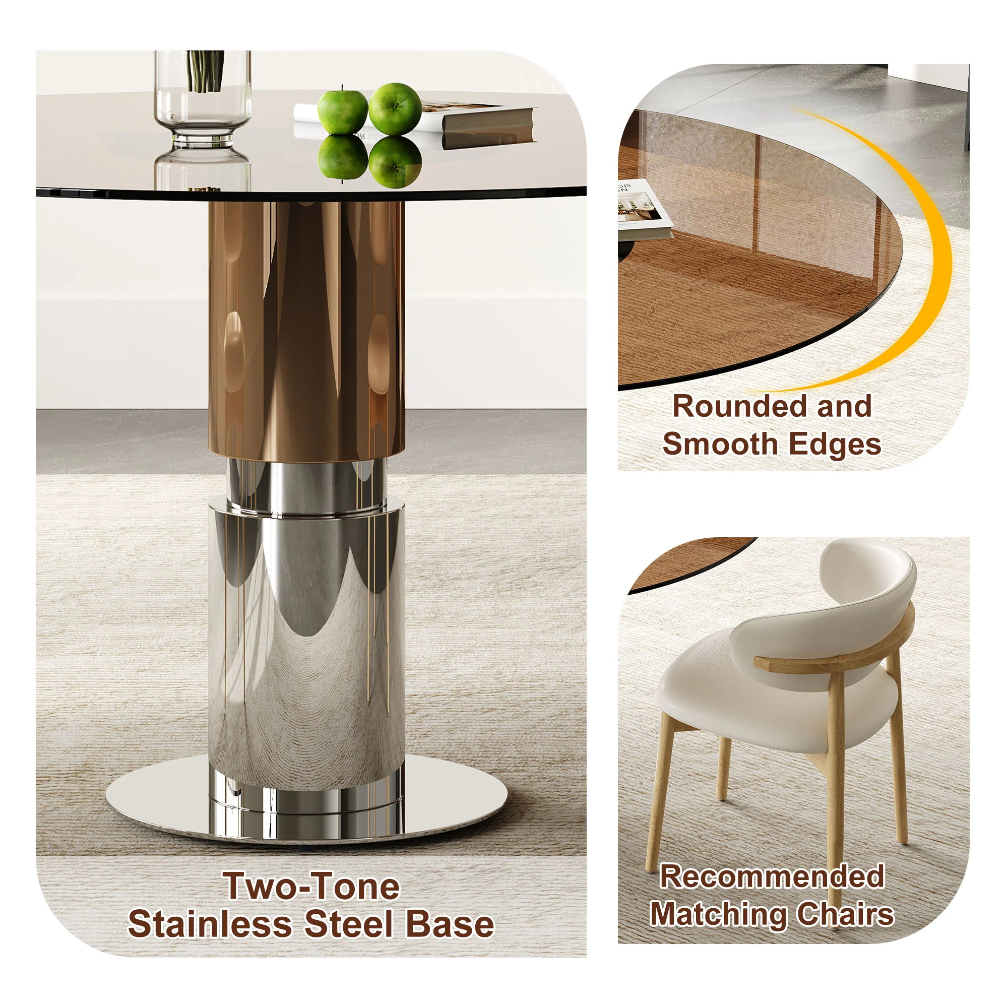 Round Dining Table With Tempered Glass Top - Brown - Image 6