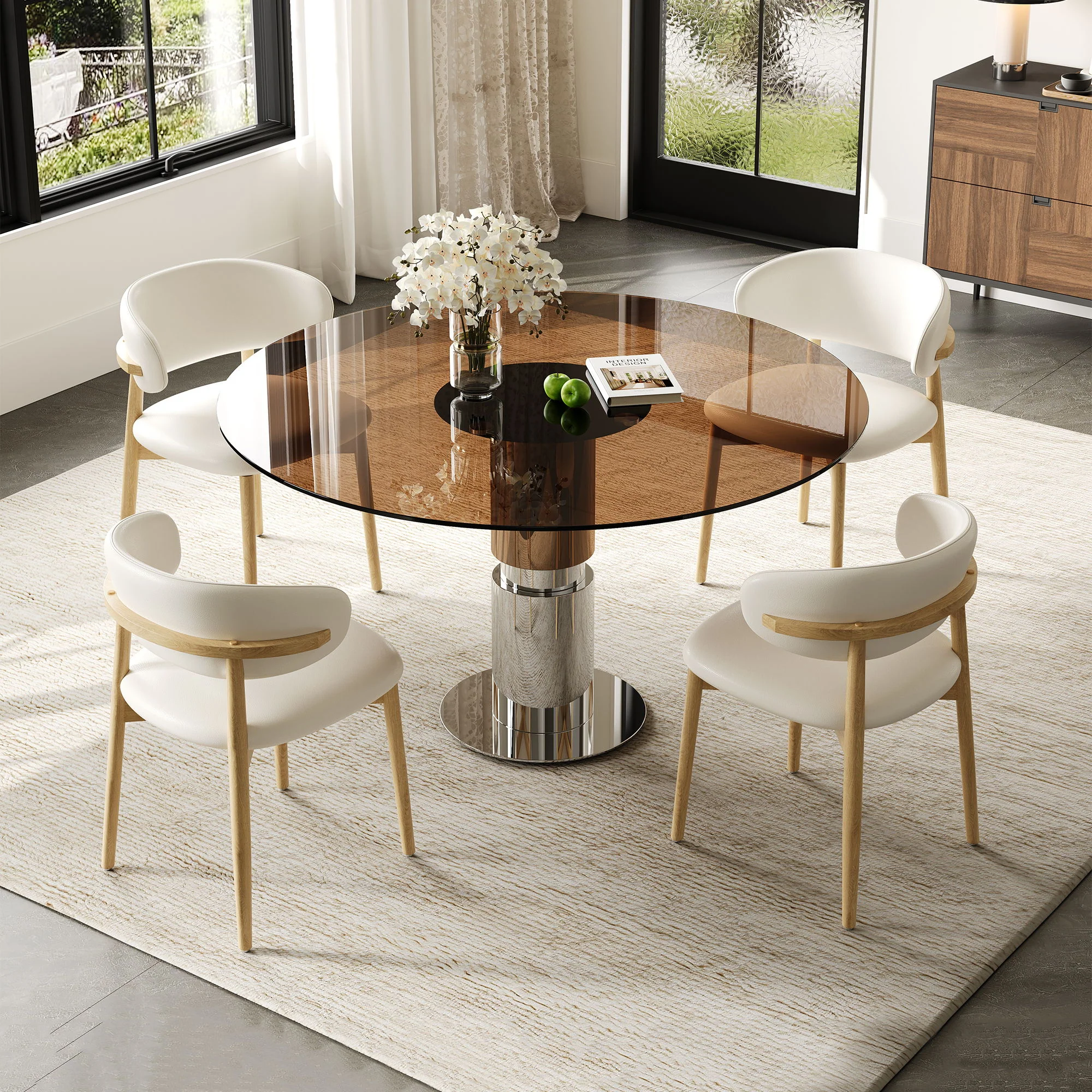 Round Dining Table With Tempered Glass Top - Brown - Image 8
