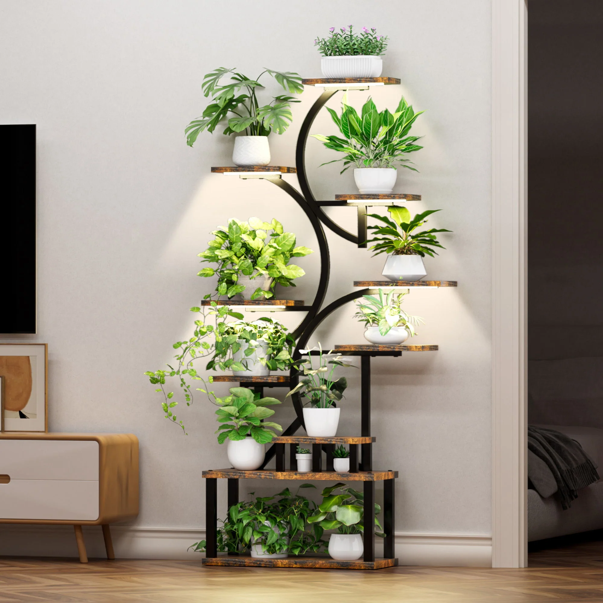 S - Shaped, 10 Tier Plant Stand With 5 Grow Lights - Deep Rustic Brown - Image 3