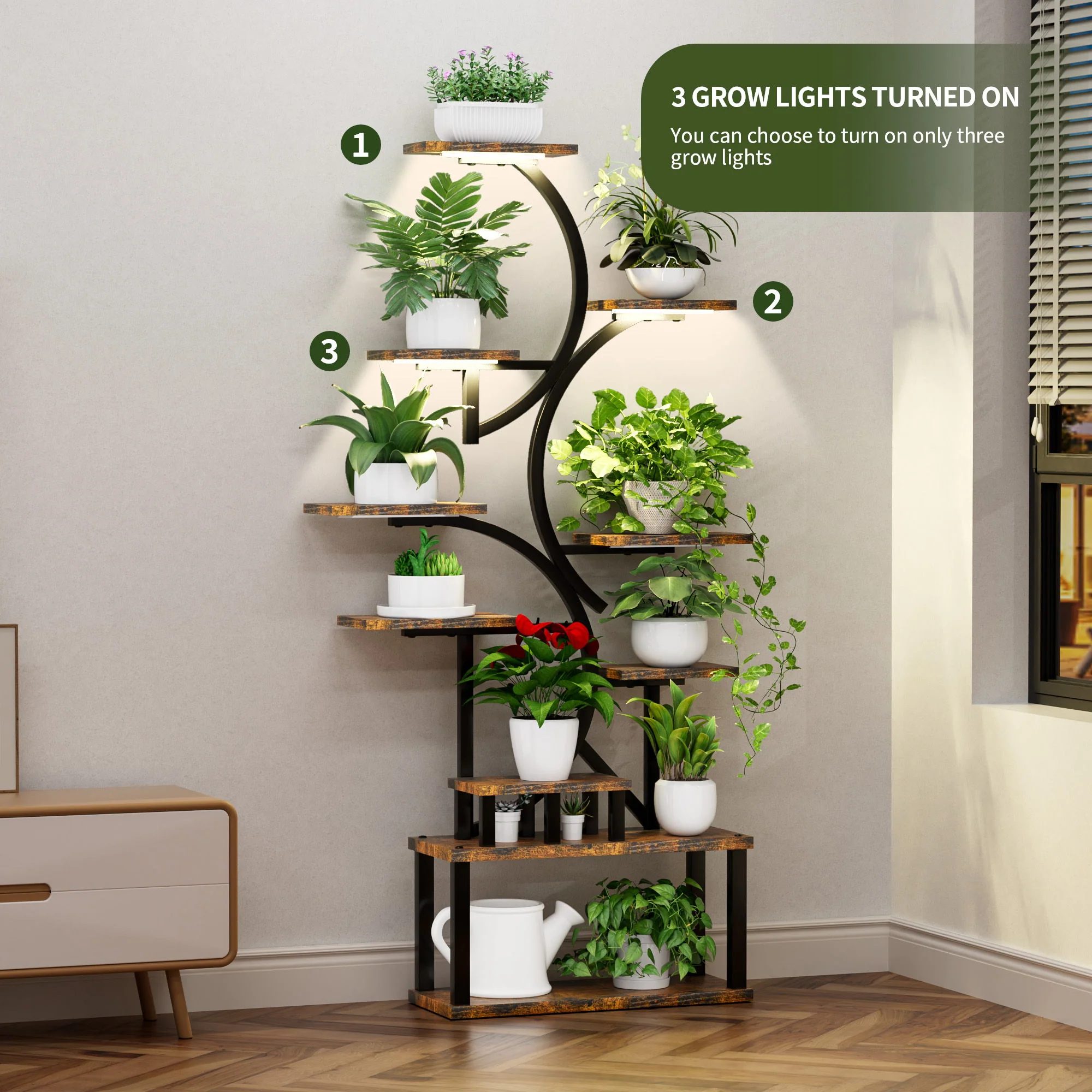 S - Shaped, 10 Tier Plant Stand With 5 Grow Lights - Deep Rustic Brown - Image 4