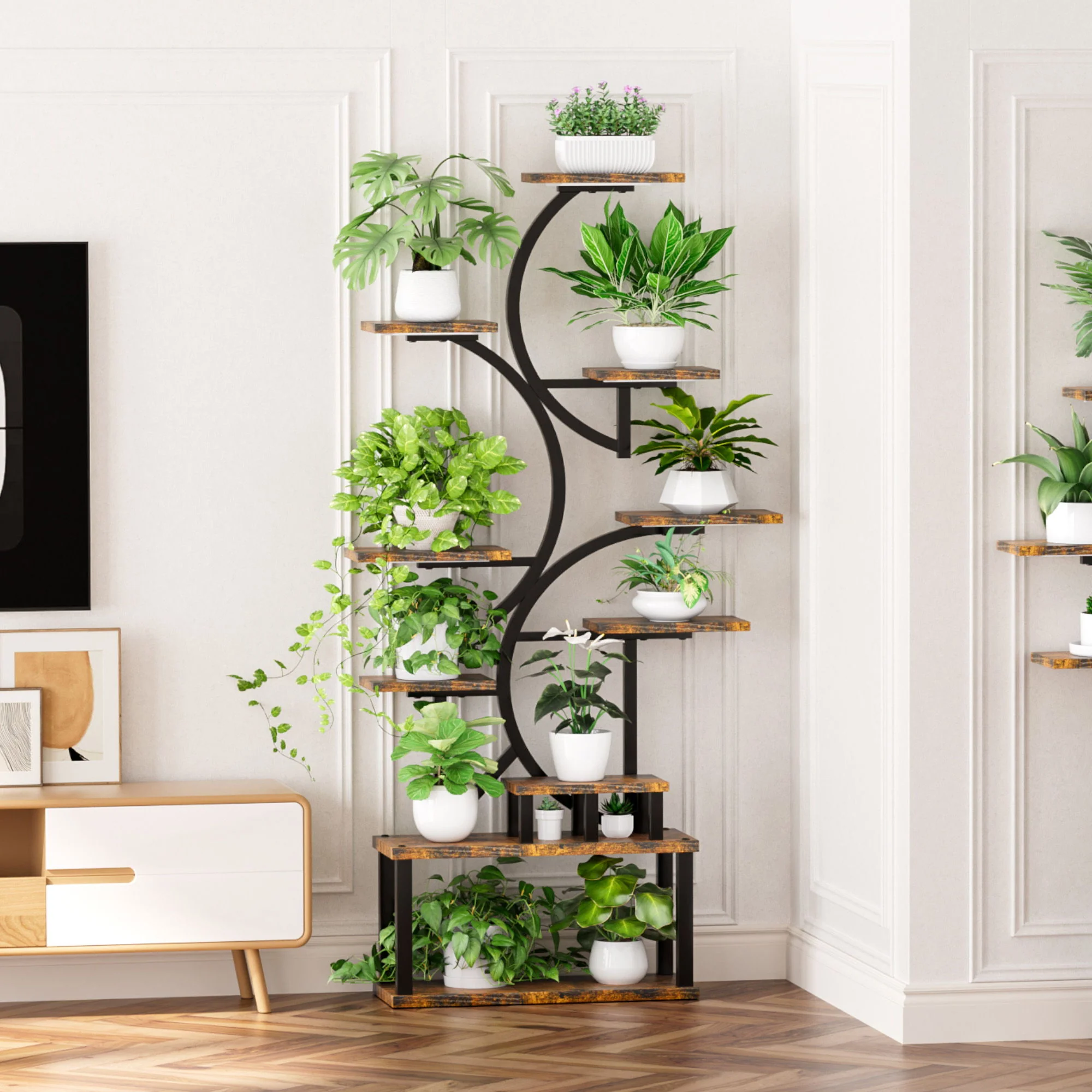 S - Shaped, 10 Tier Plant Stand With 5 Grow Lights - Deep Rustic Brown - Image 5