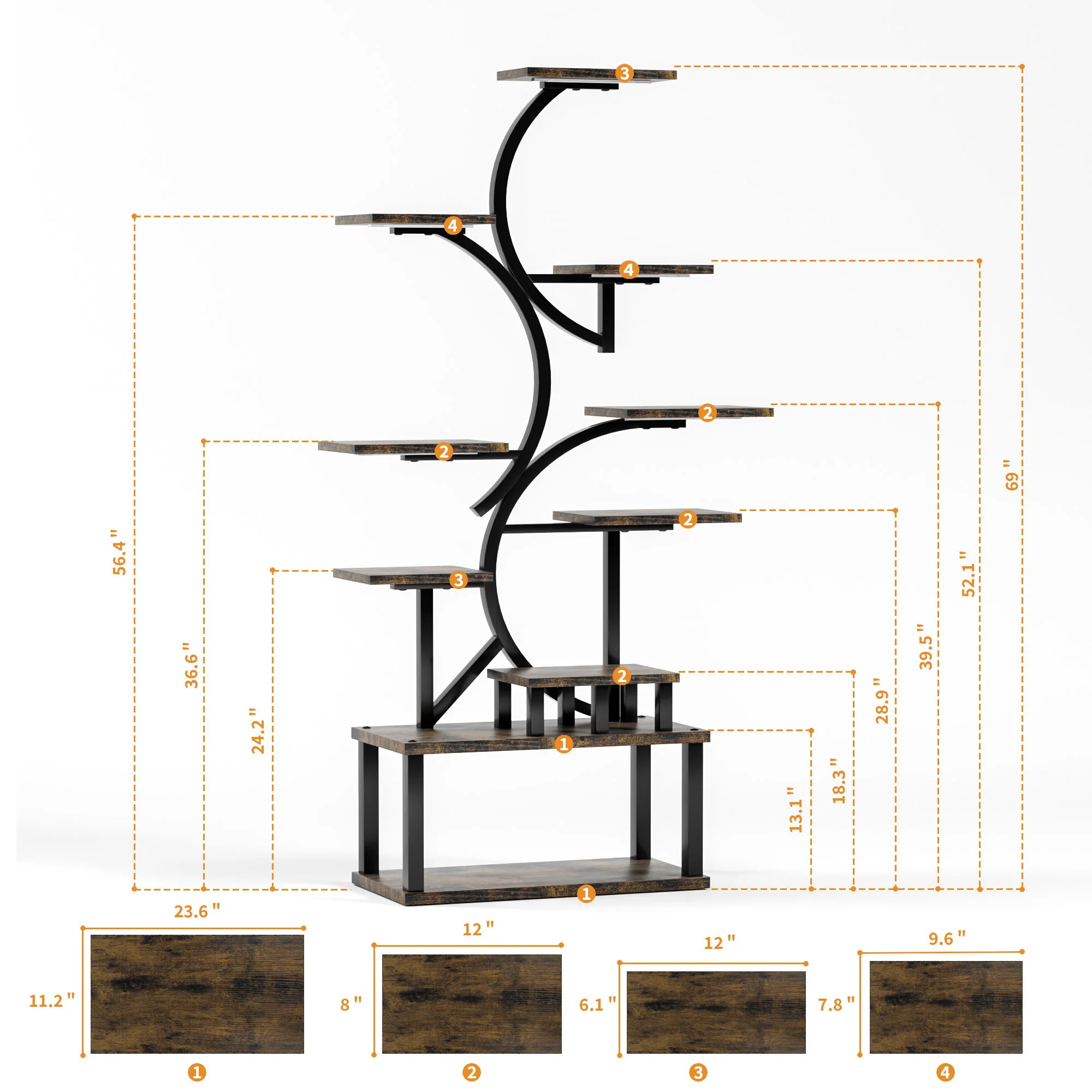 S - Shaped, 10 Tier Plant Stand With 5 Grow Lights - Deep Rustic Brown - Image 6