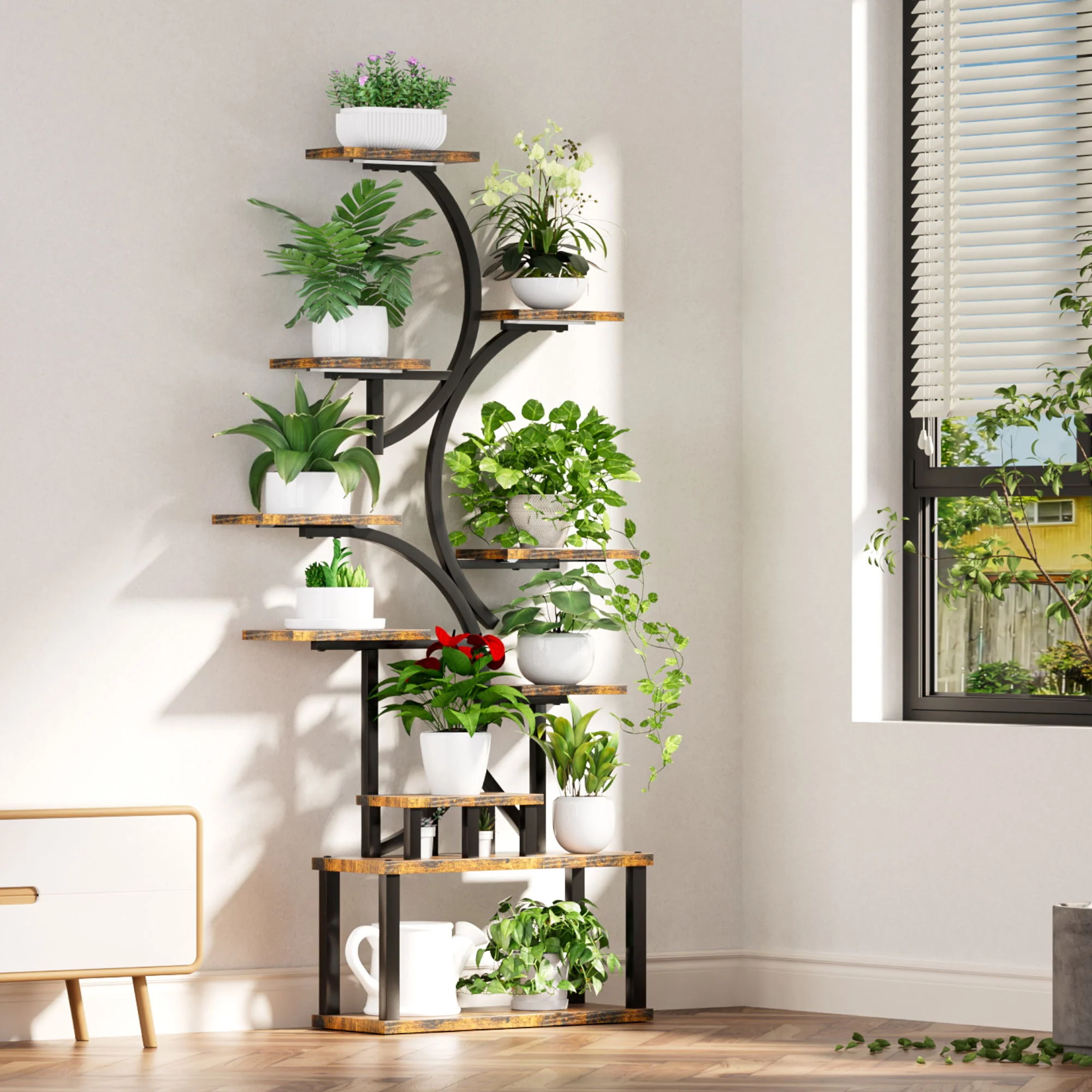 S - Shaped, 10 Tier Plant Stand With 5 Grow Lights - Deep Rustic Brown - Image 8
