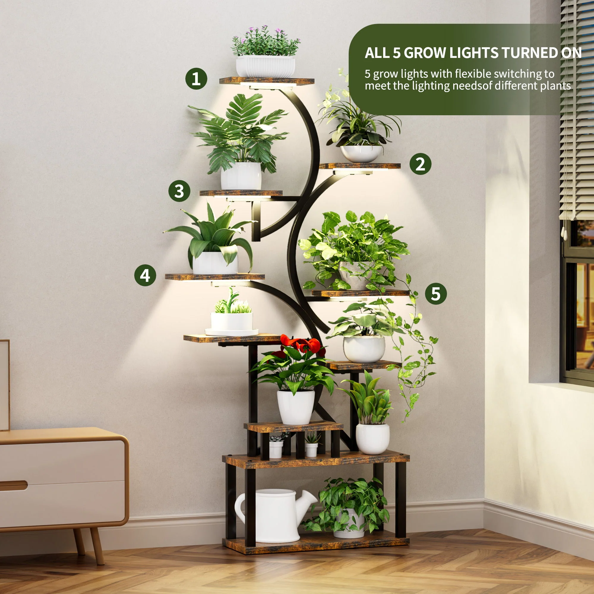 S - Shaped, 10 Tier Plant Stand With 5 Grow Lights - Deep Rustic Brown - Image 9