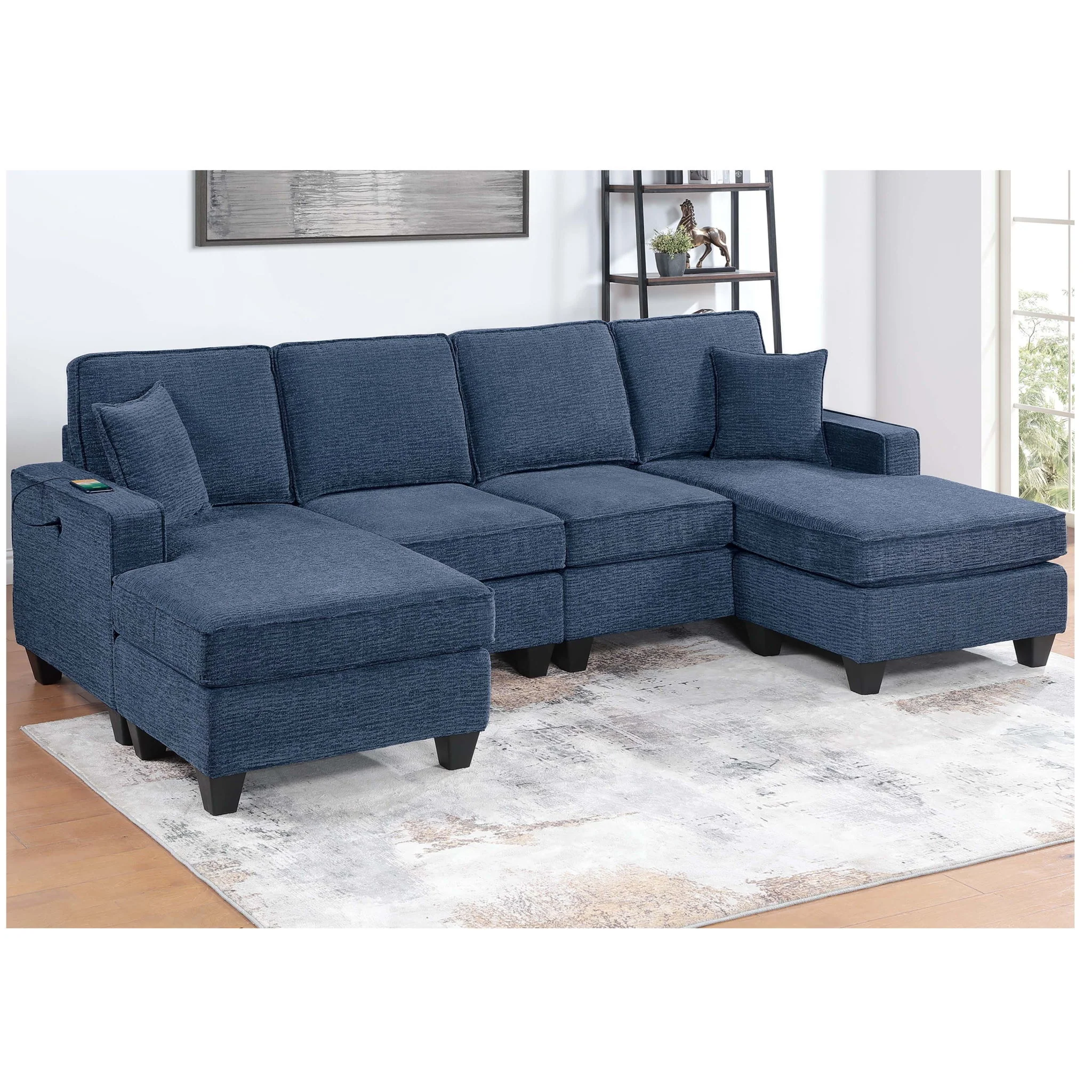 Sectional Set With USB Port Right Arm Chaise, Armless Loveseat, Left Arm Chaise, 3 Piece, Includes Matching Pillows - Dark Blue - Image 3