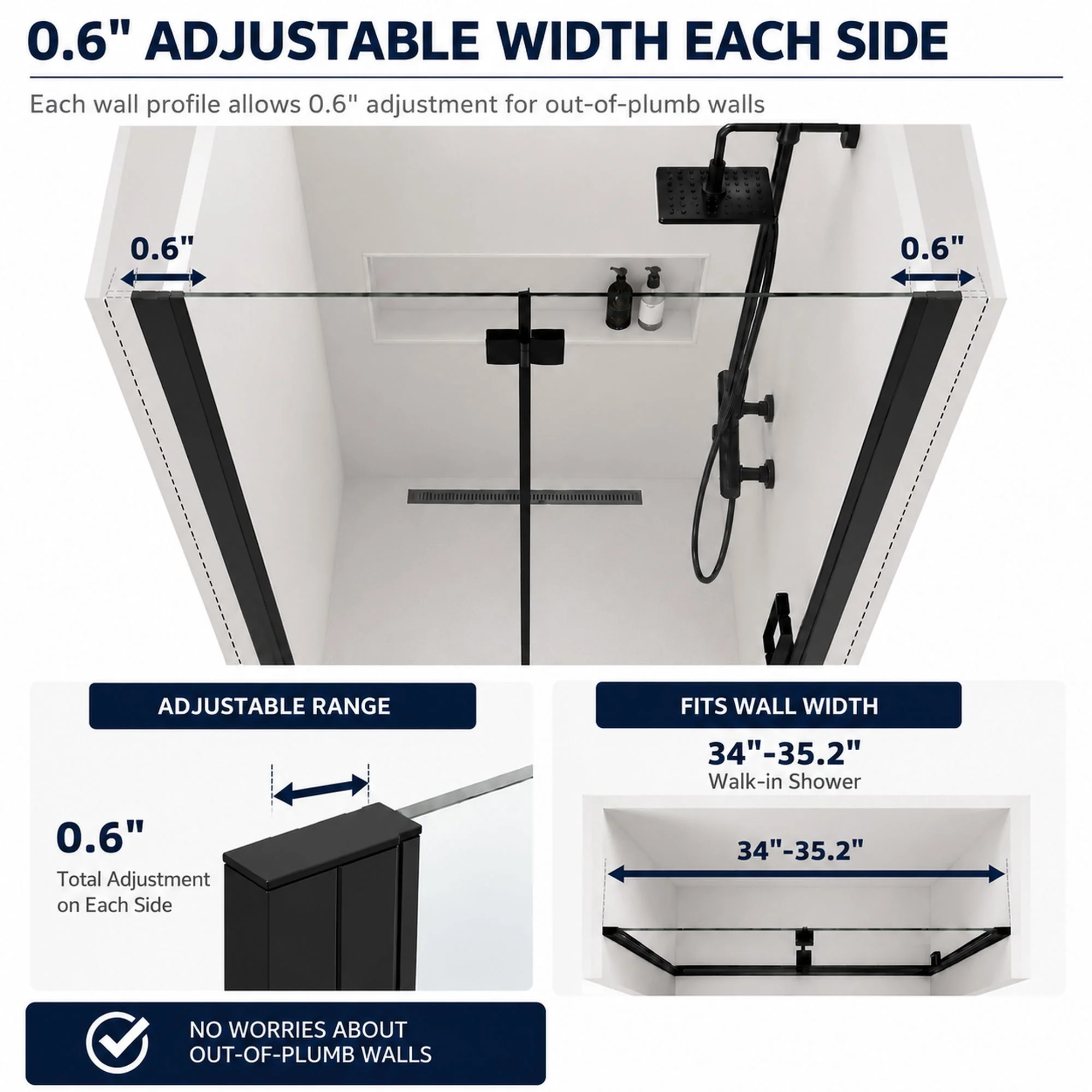 Semi Frameless Bifold Shower Door, Reversible Pivot Hinge, Space Saving Bathroom Panel - Matte Black - Image 2