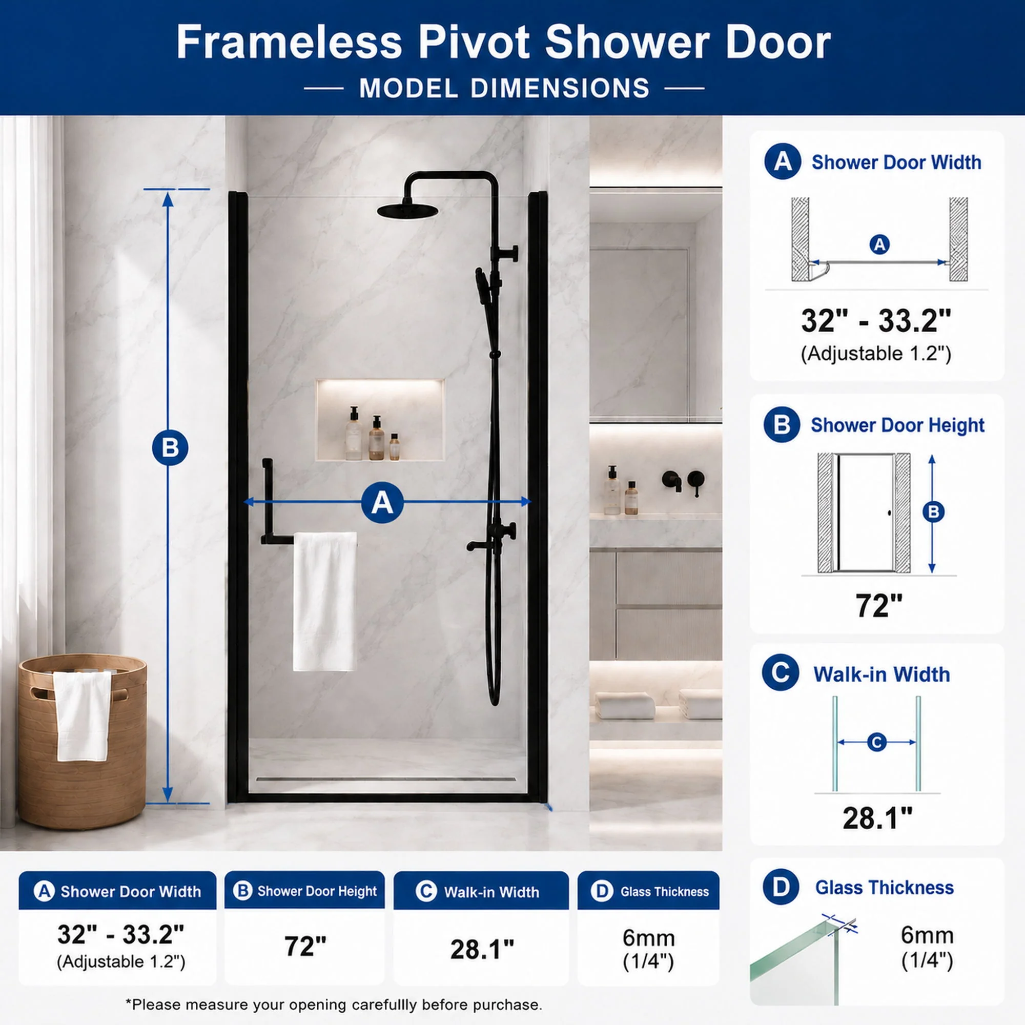 Semi-Frameless Pivot Shower Door With Adjustable Width, Reversible Installation - Image 19