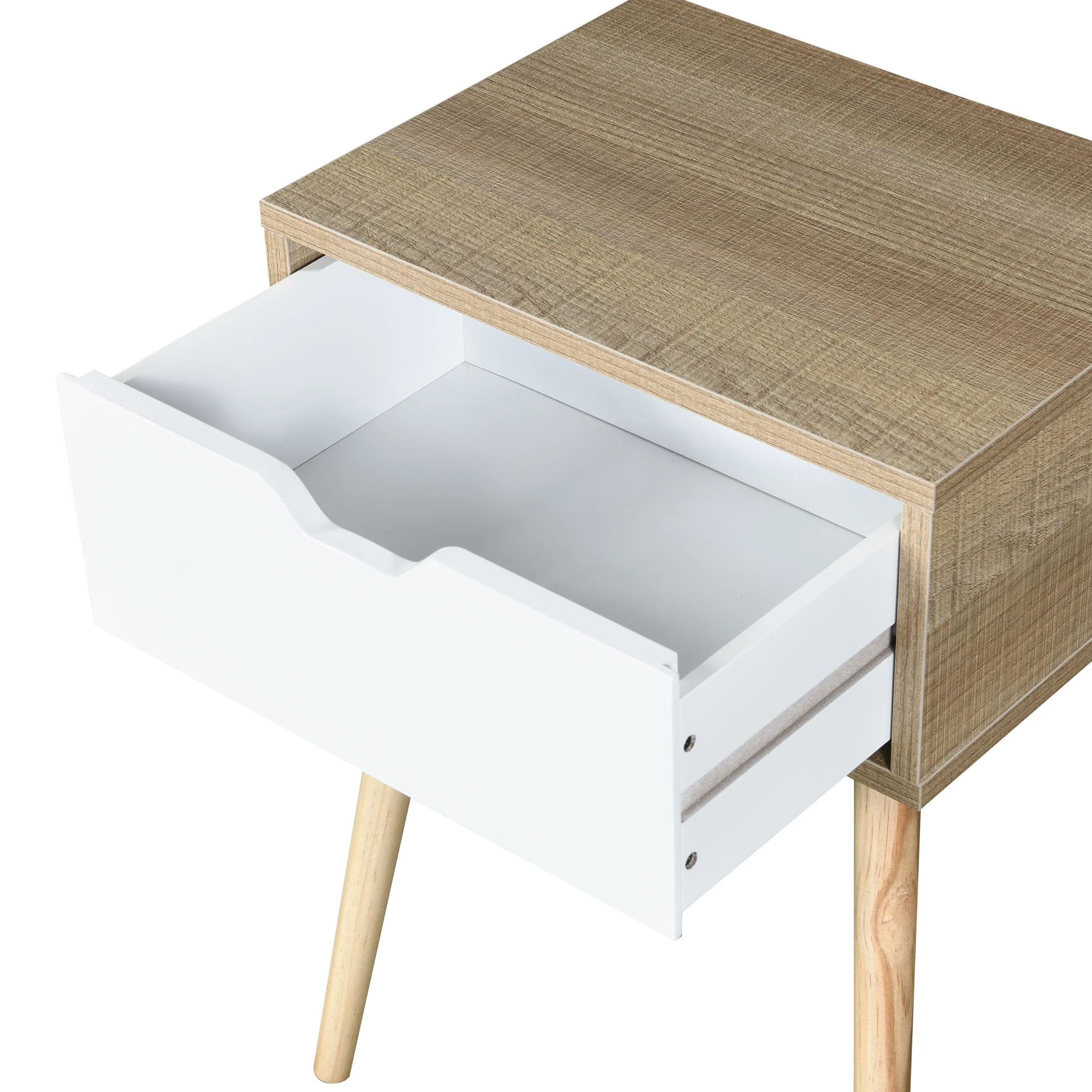 Side Table With 1 Drawer, Mid-Century Modern Storage Cabinet For Bedroom - White / Wood - Image 3