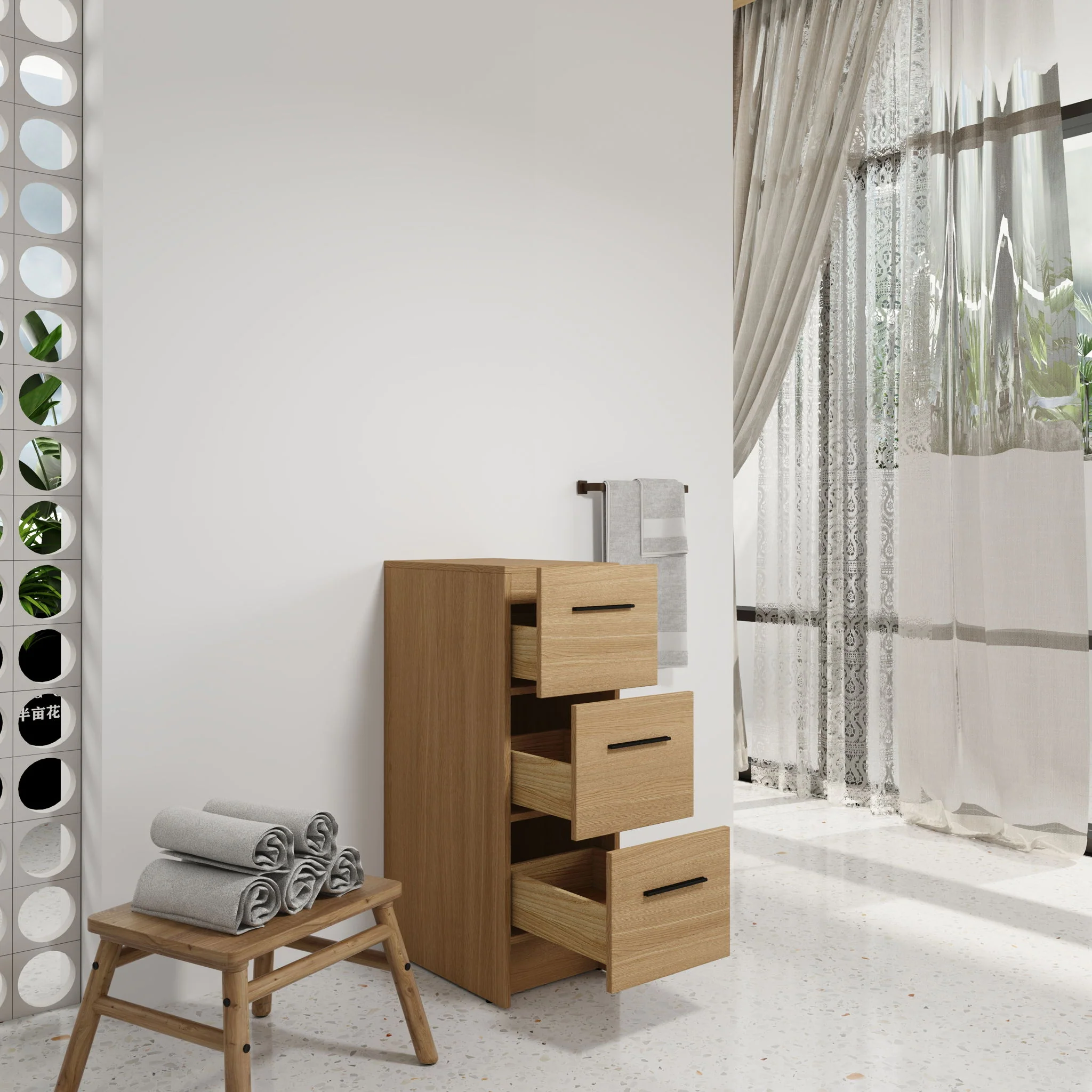 Slim Freestanding Bathroom Storage Cabinet, 3 Drawers - Light Oak - Image 7
