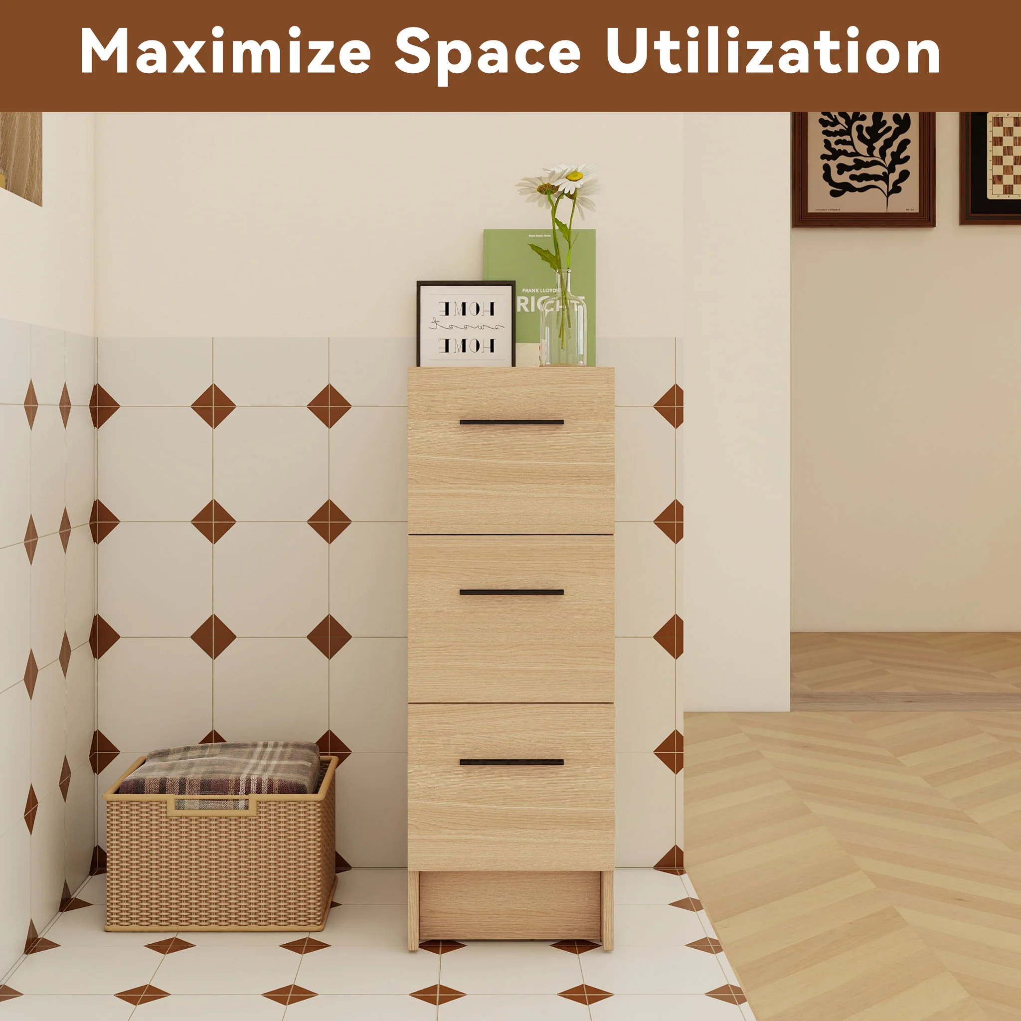 Slim Freestanding Bathroom Storage Cabinet, 3 Drawers - Light Oak - Image 9