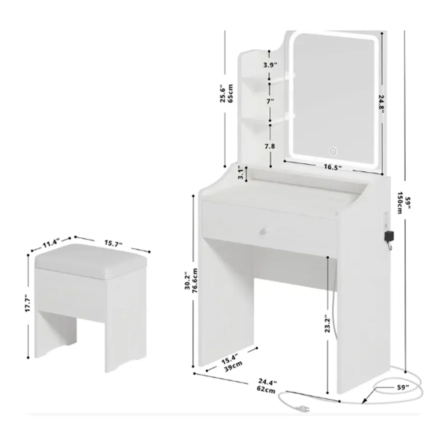 Smart LED Mirror Vanity Set With Storage For Bedrooms - Cream White - Image 5