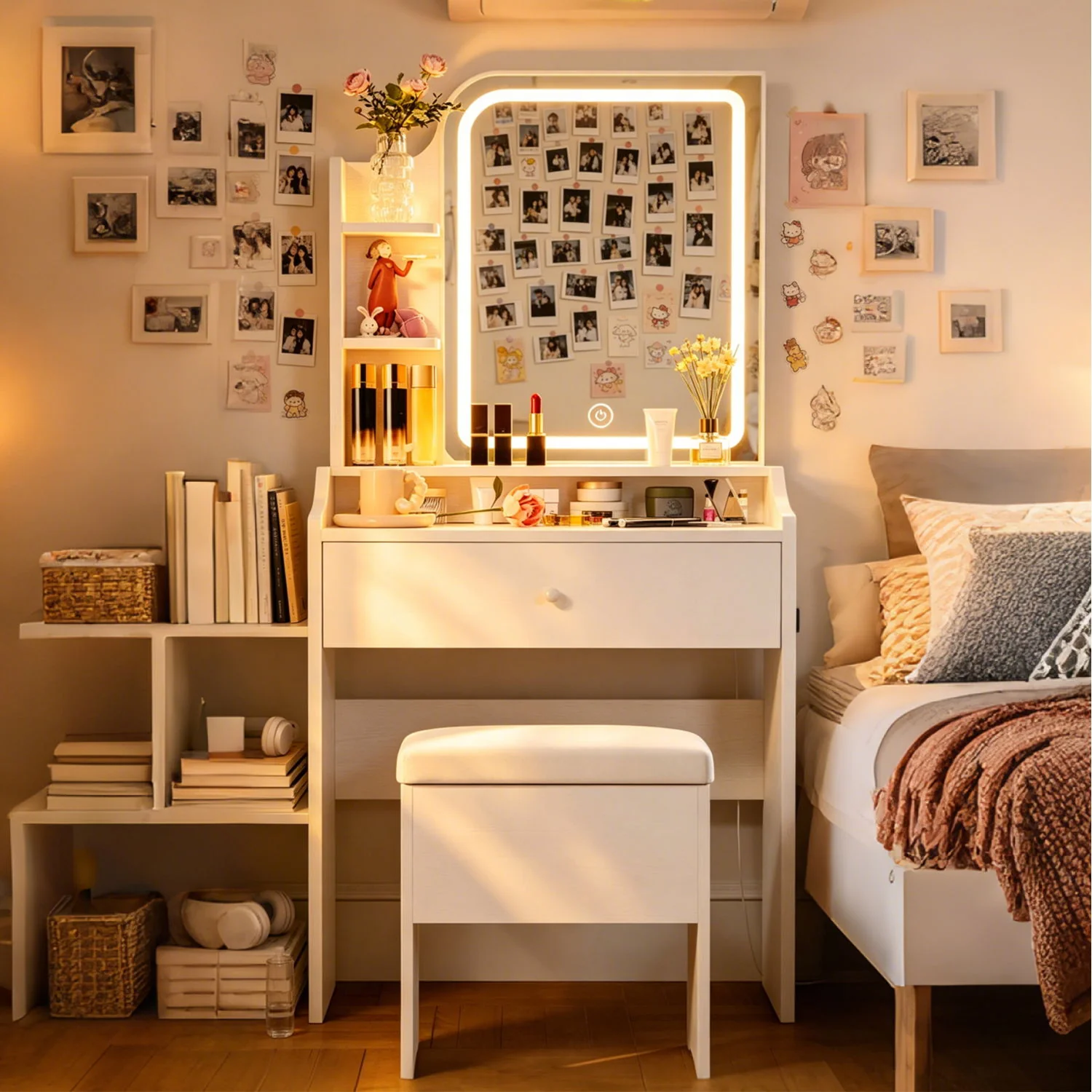 Smart LED Mirror Vanity Set With Storage For Bedrooms - Cream White - Image 6