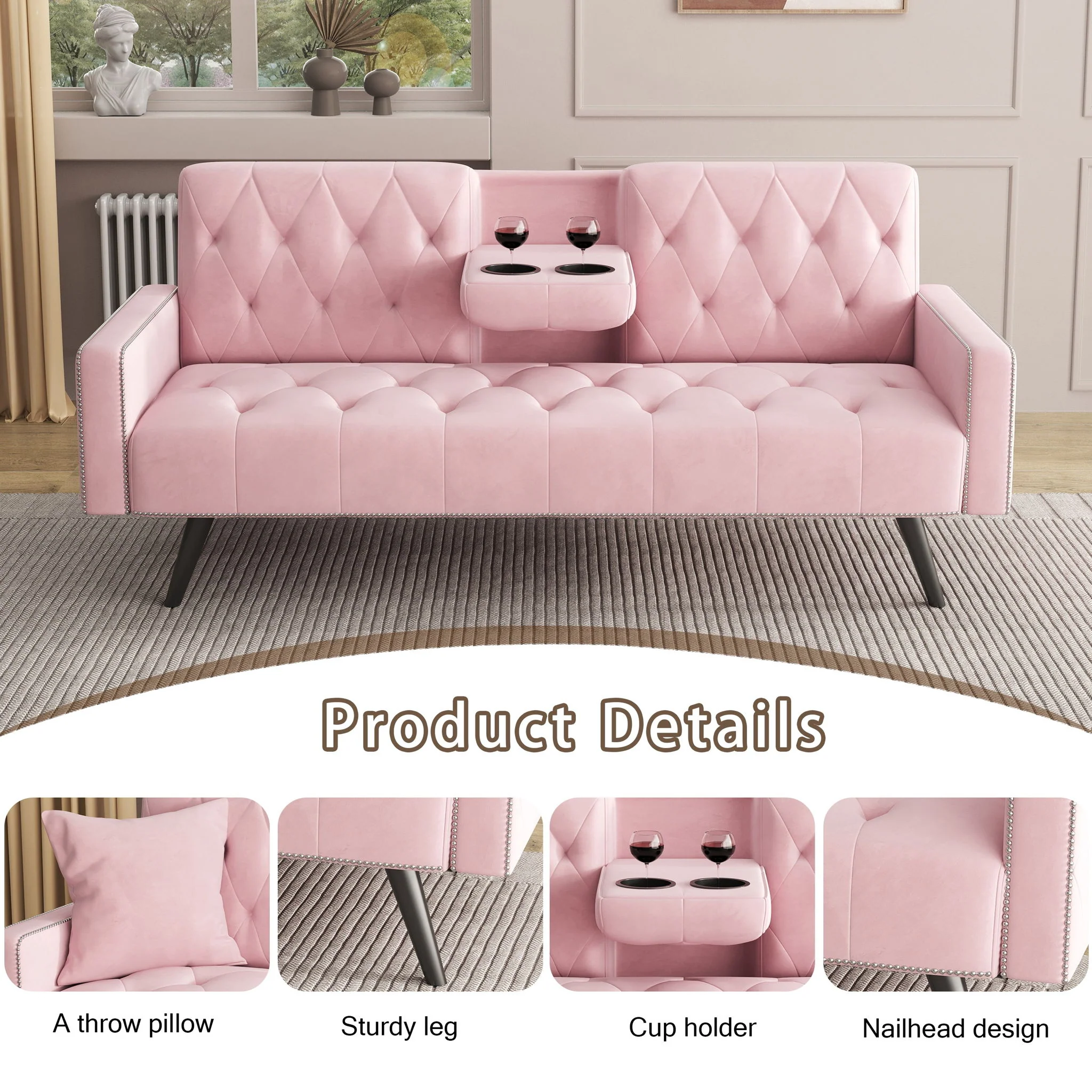 Sofa Bed With Nail Head Trim And Cup Holders - Pink - Image 4