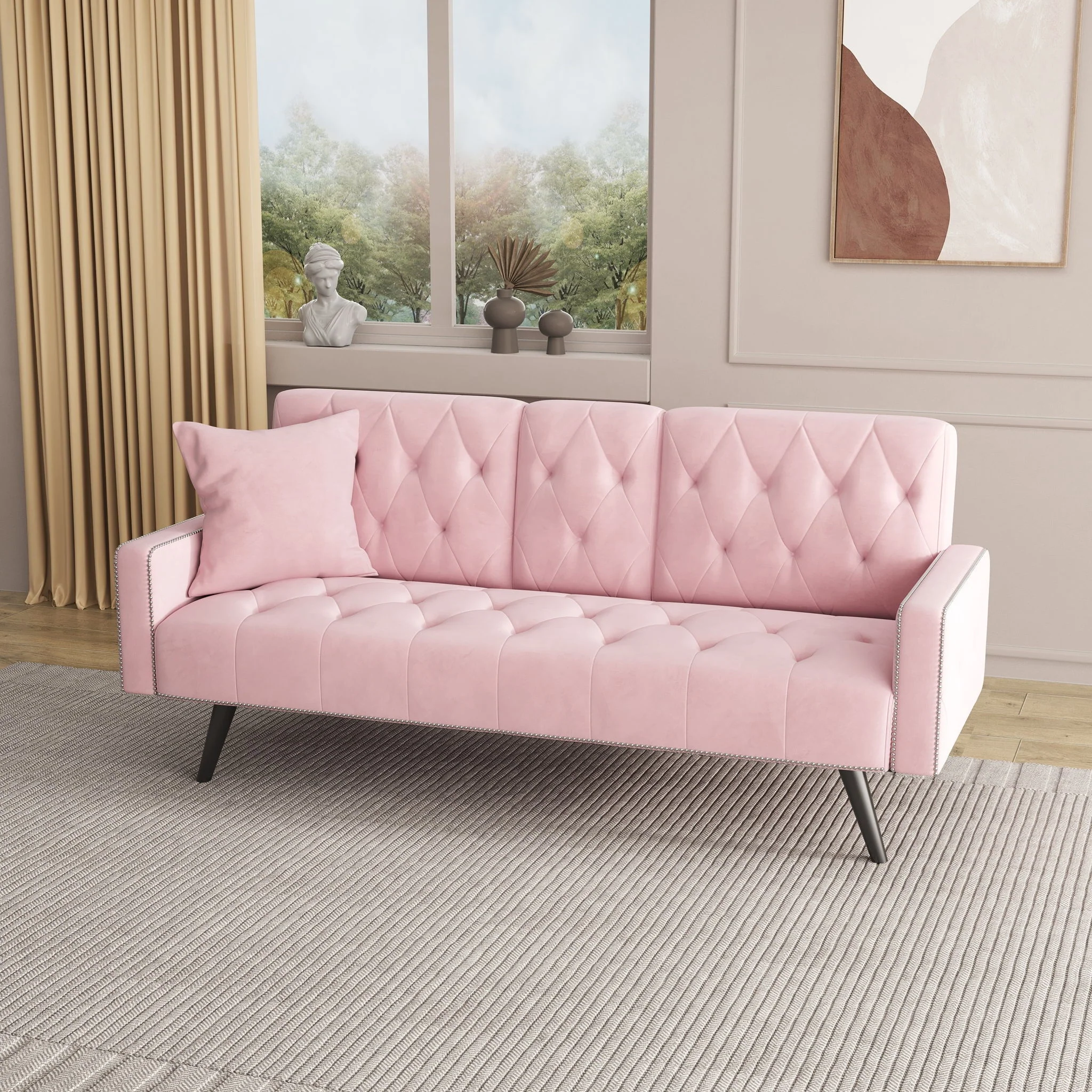 Sofa Bed With Nail Head Trim And Cup Holders - Pink - Image 6