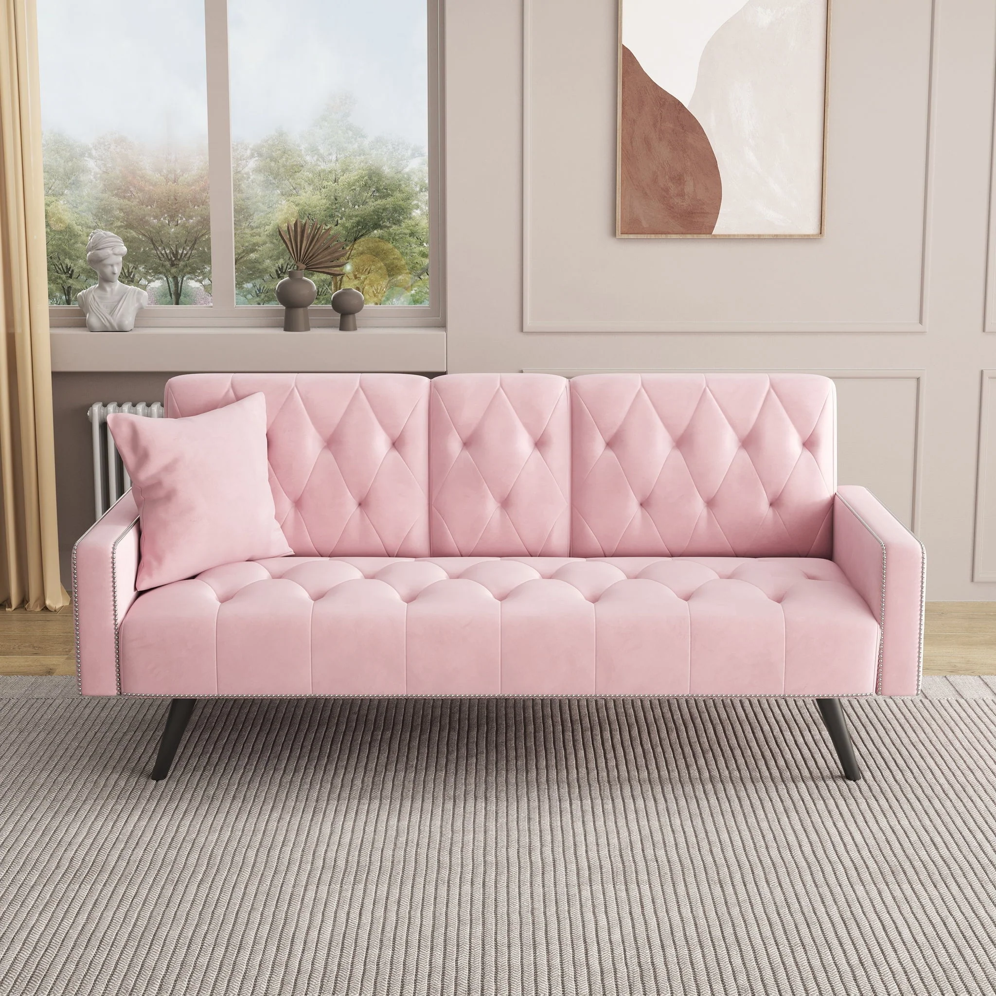 Sofa Bed With Nail Head Trim And Cup Holders - Pink - Image 7
