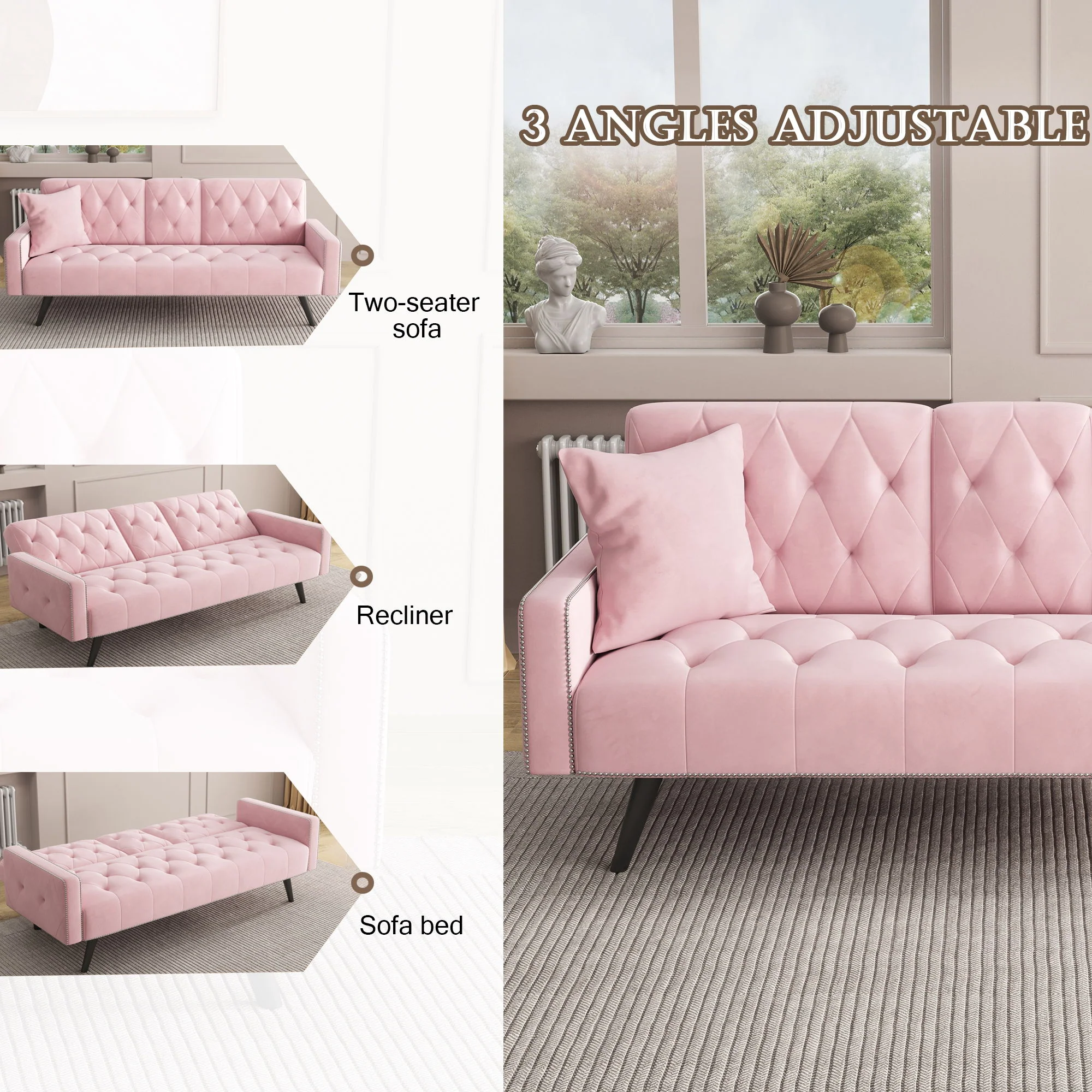 Sofa Bed With Nail Head Trim And Cup Holders - Pink - Image 8