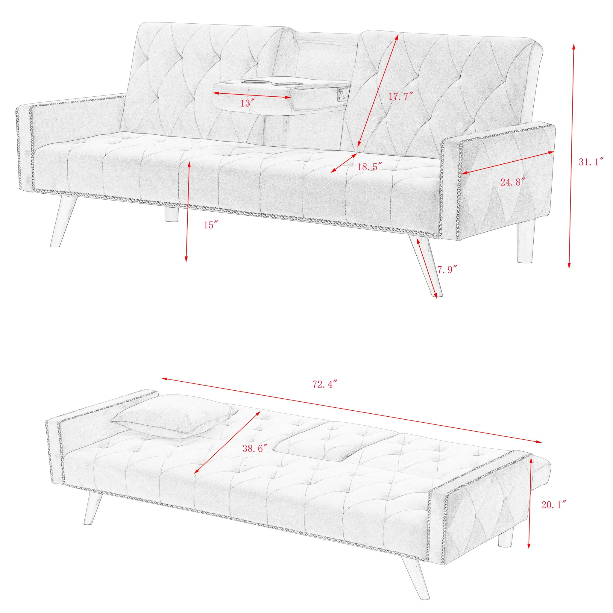 Sofa Bed With Nail Head Trim And Cup Holders - Pink - Image 9