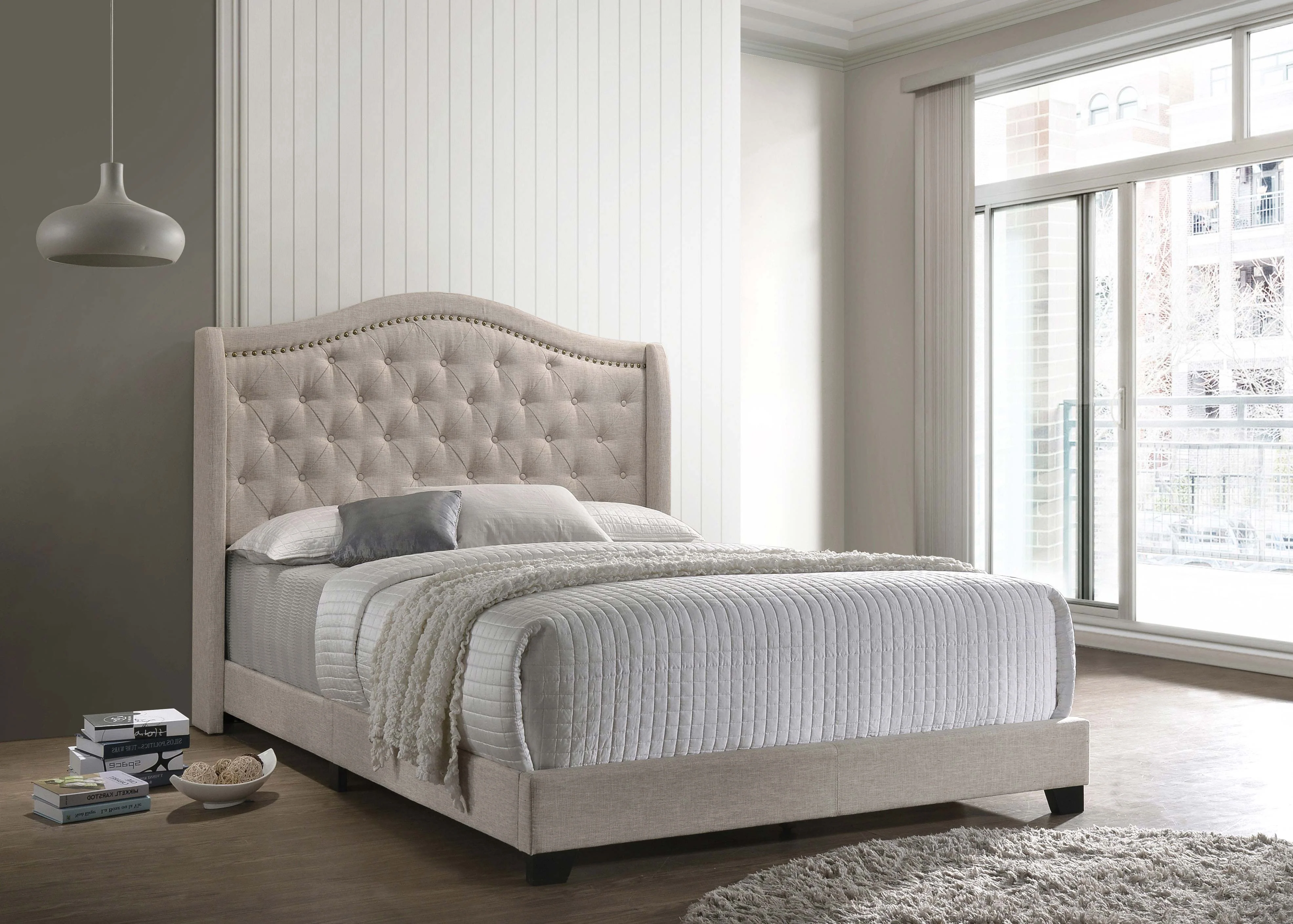 Sonoma Upholstered Full Wingback Bed in Beige - Image 5