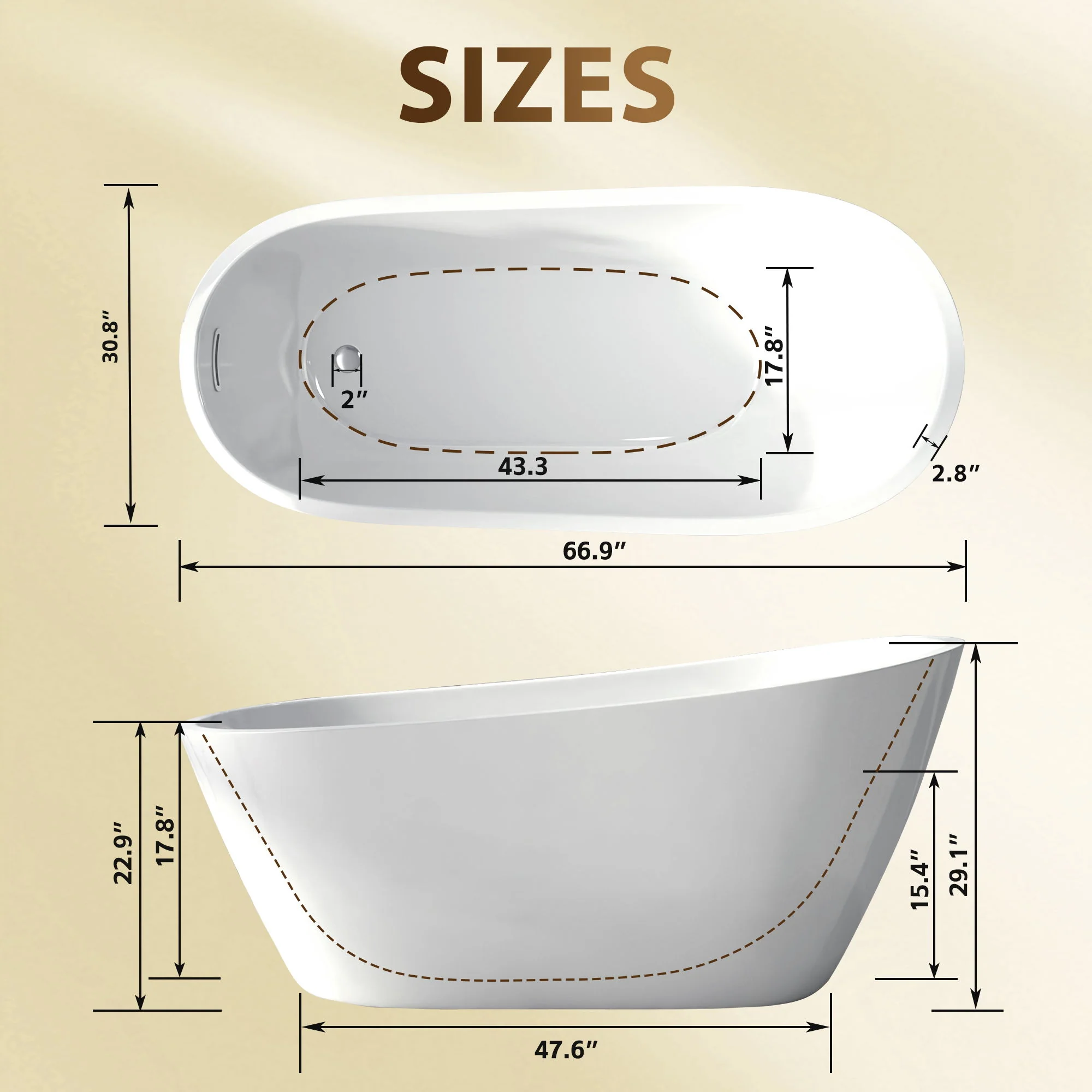 Special-Shaped Freestanding Slipper Bathtub, Overflow & Pop Up Drain - Image 3
