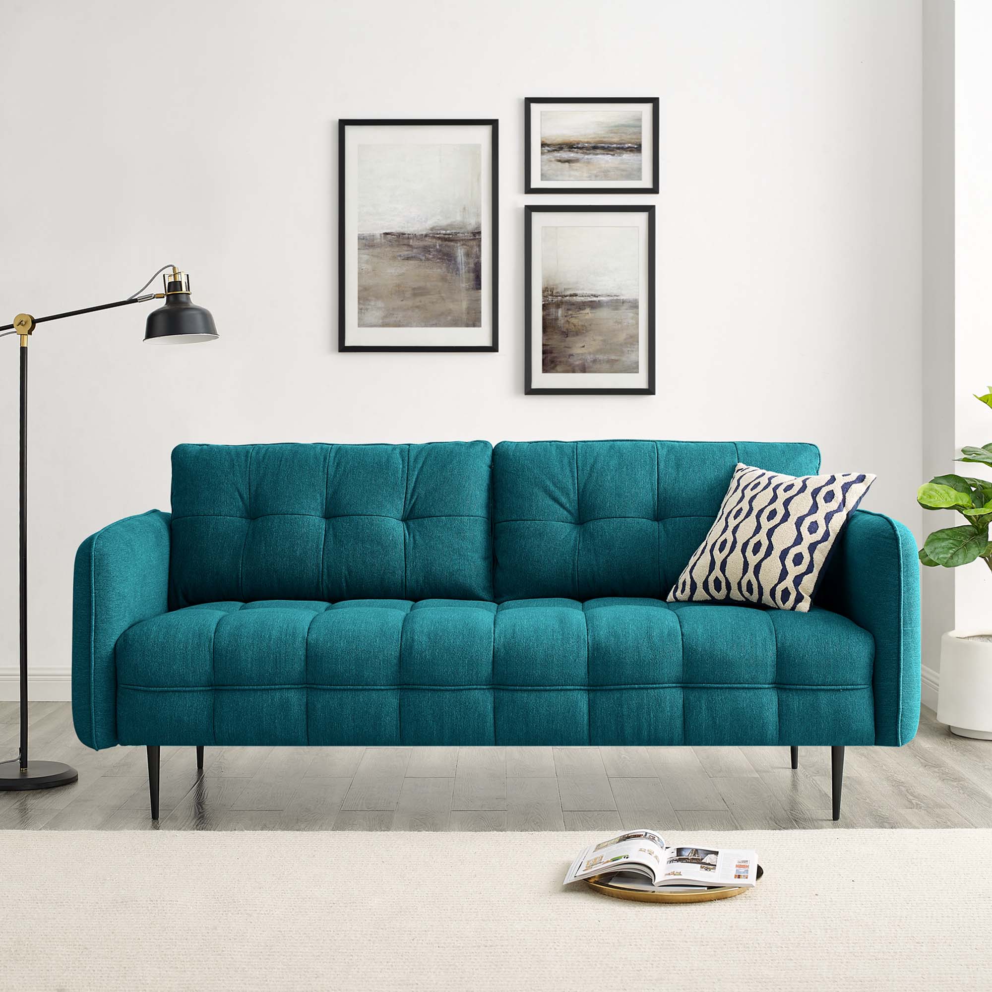 Square Tufted Fabric Sofa with French Piping and Metal Legs - Image 15