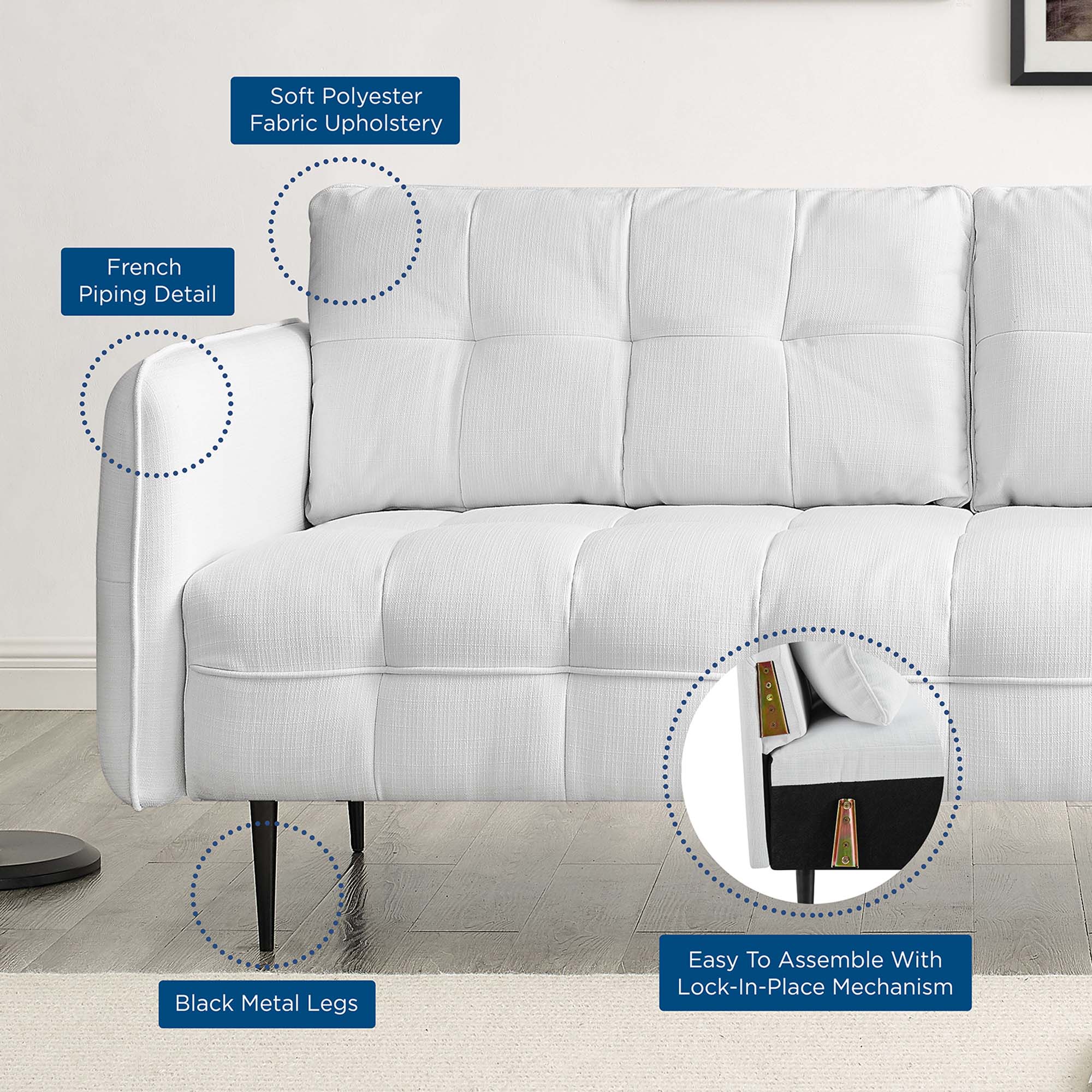 Square Tufted Fabric Sofa with French Piping and Metal Legs - Image 17
