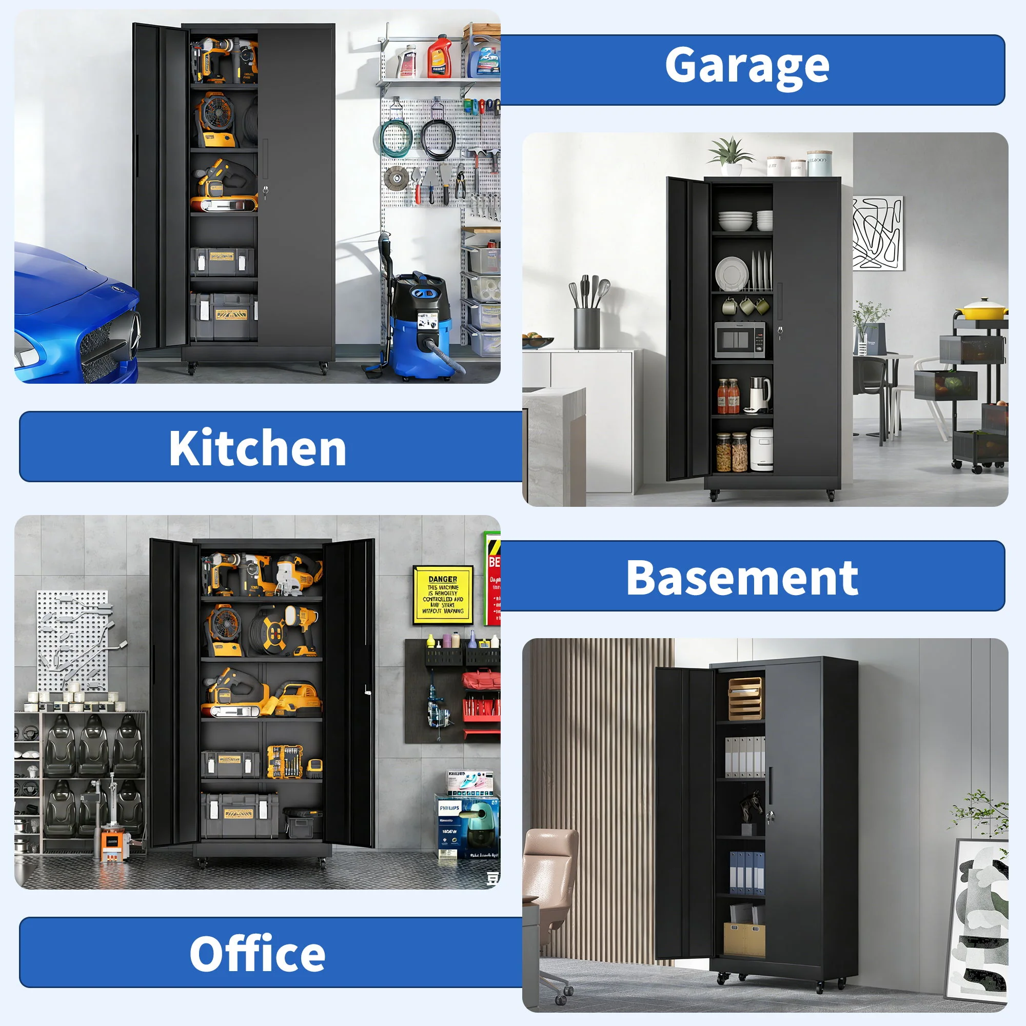 Storage Cabinet With Wheels And Lock, 4 Adjustable Shelves, 3 Point Locking Security, For Tool Organization In Garage - Black - Image 6
