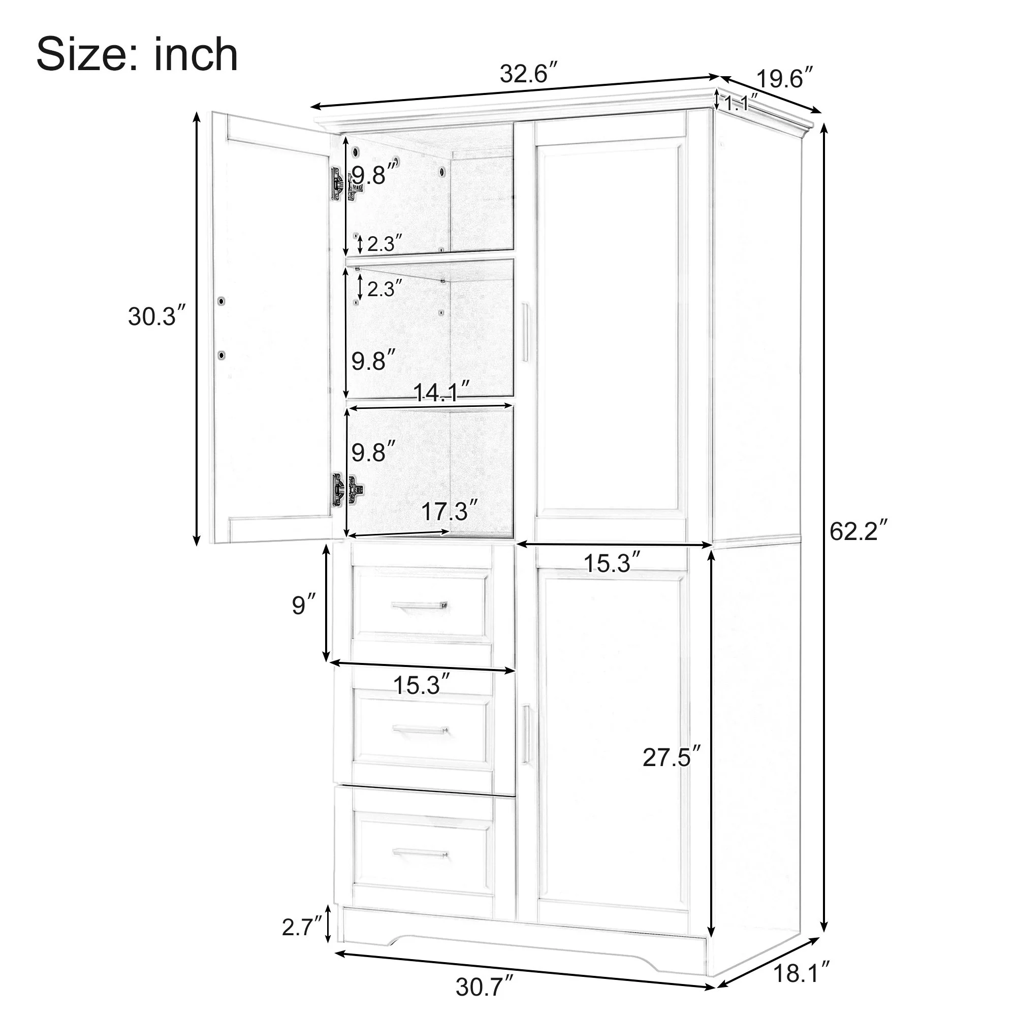 Tall And Wide Storage Cabinet With Doors, 3 Drawers - Image 23
