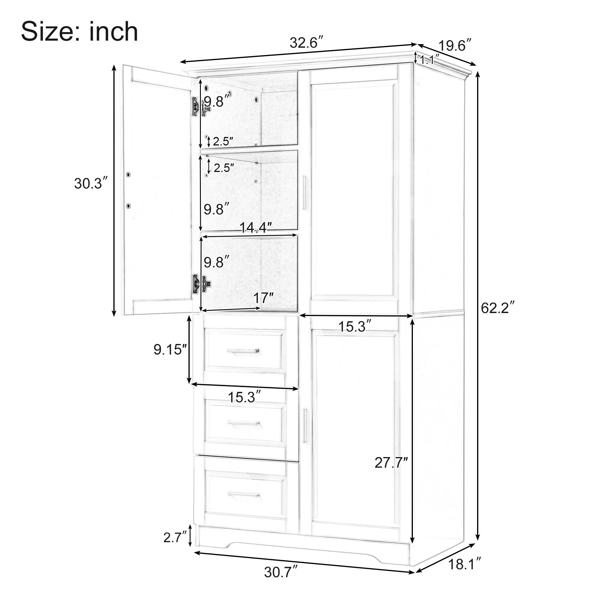 Tall And Wide Storage Cabinet With Doors For Bathroom Or Office, 3 Drawers - Gray - Image 2