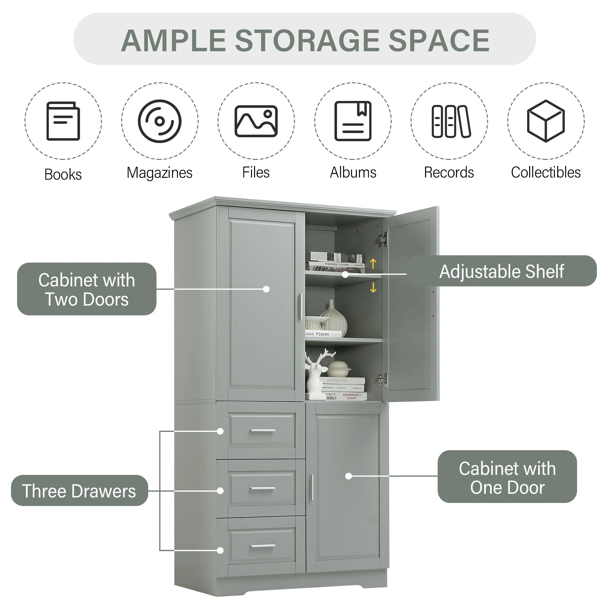 Tall And Wide Storage Cabinet With Doors For Bathroom Or Office, 3 Drawers - Gray - Image 7
