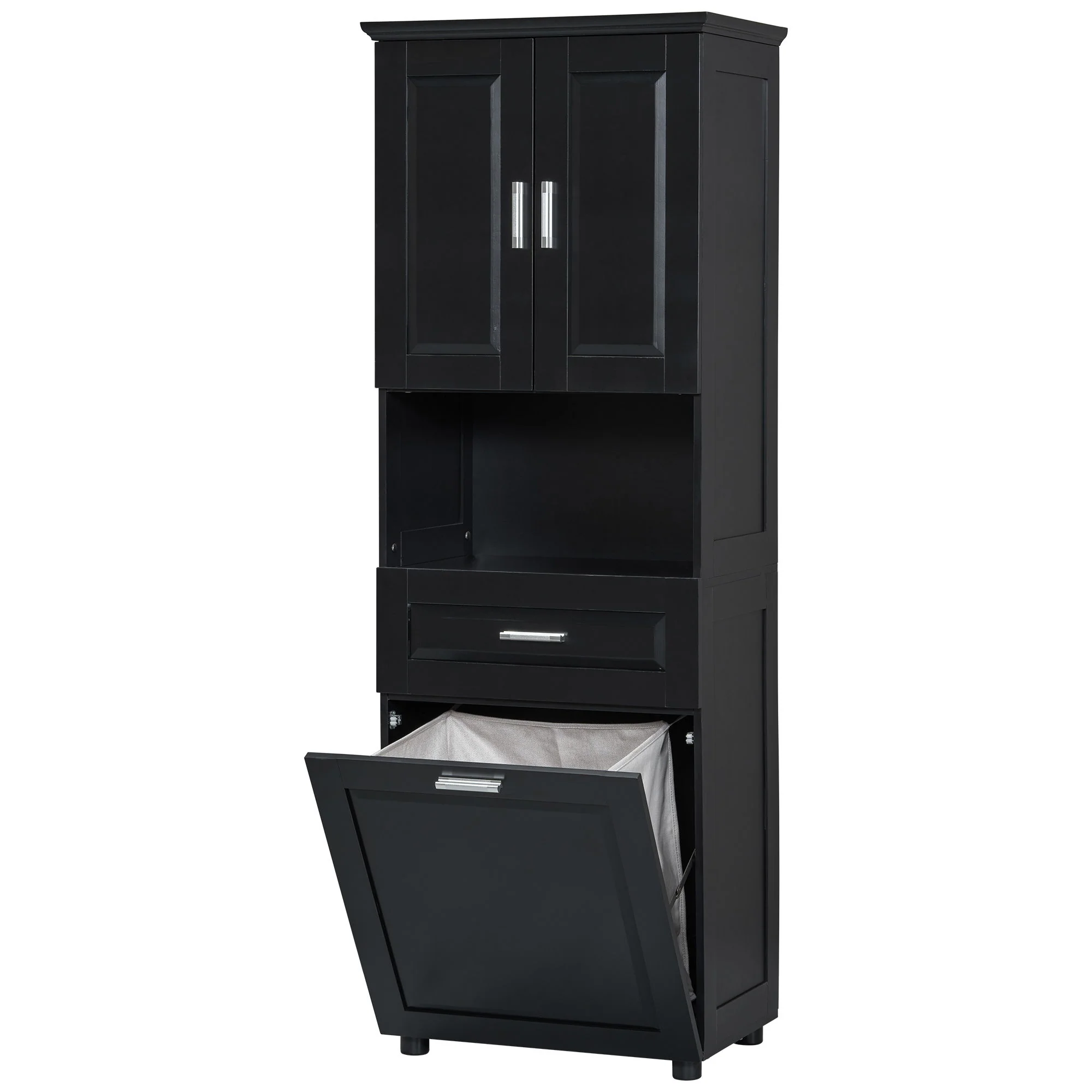 Tall Bathroom Cabinet With Tilt-Out Laundry Basket And Upper Storage - Image 14