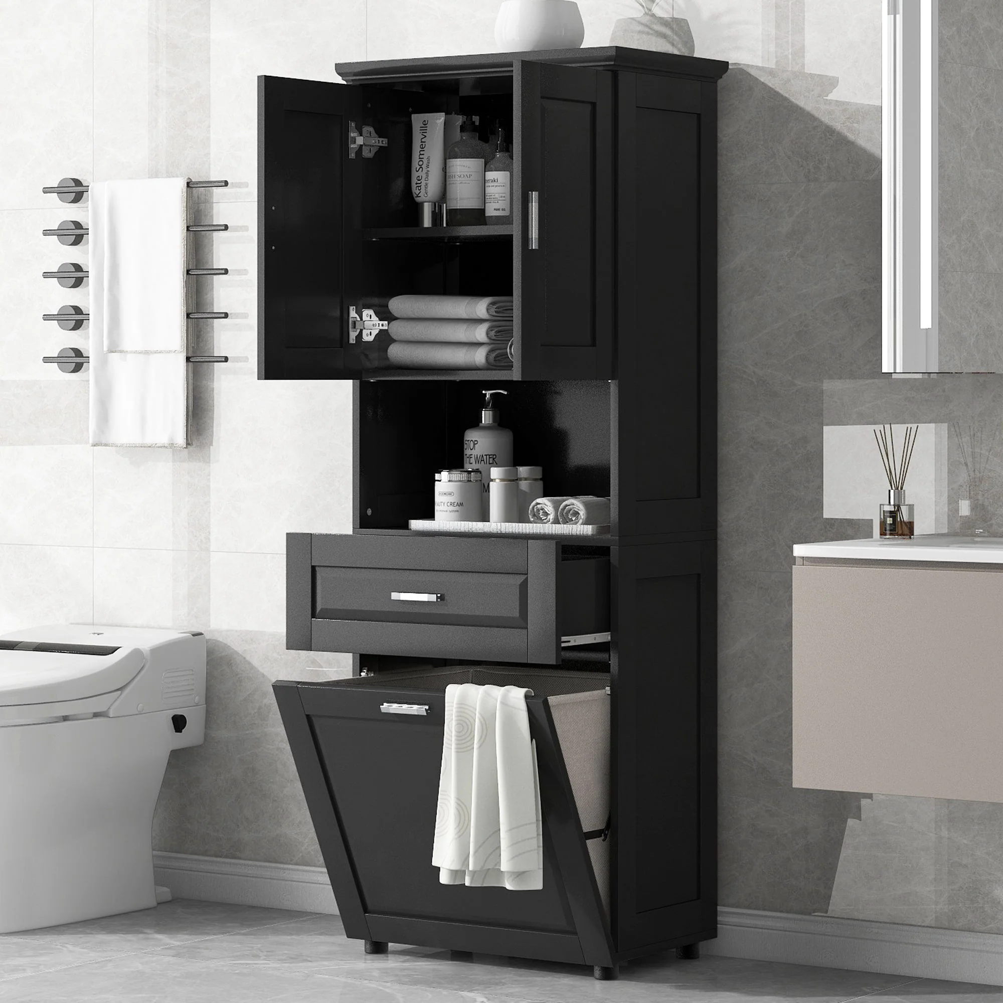 Tall Bathroom Cabinet With Tilt-Out Laundry Basket And Upper Storage - Image 19