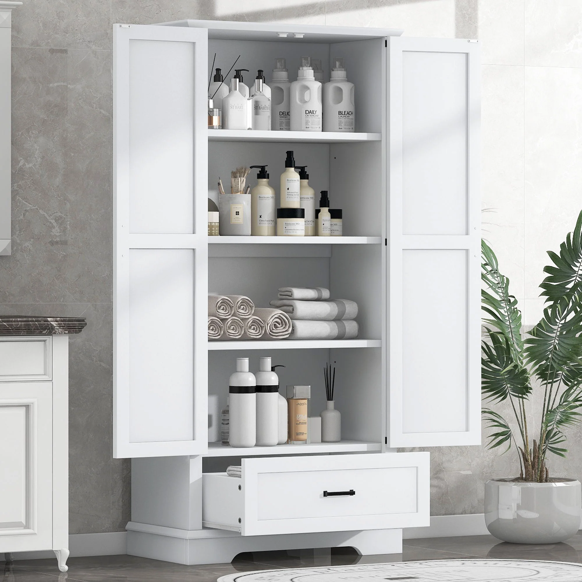 Tall Bathroom Storage Cabinet With 2 Doors And 2 Drawer, Adjustable Shelf - White - Image 3