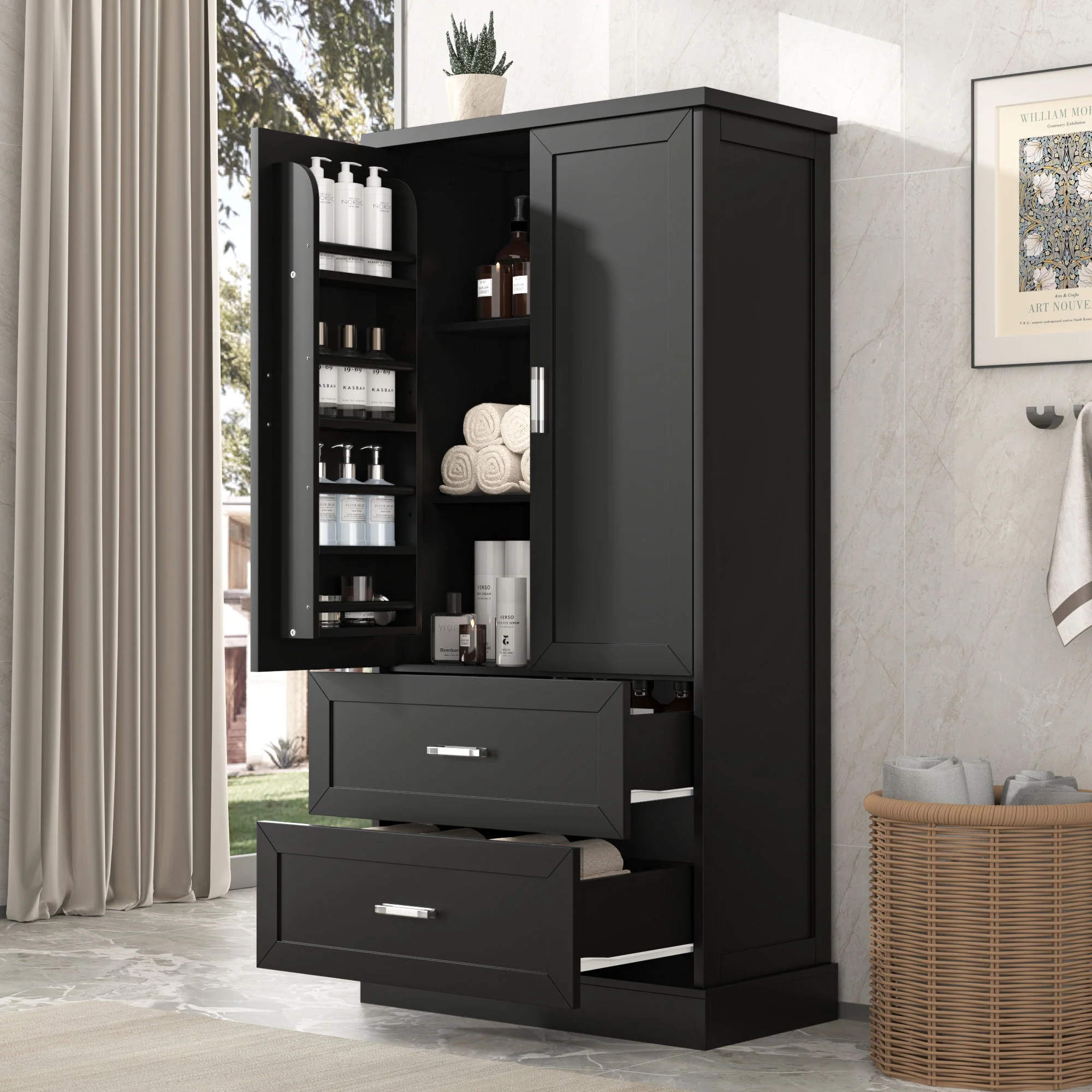 Tall Bathroom Storage Cabinet With 2 Doors And Drawers, Adjustable Shelf - Image 15