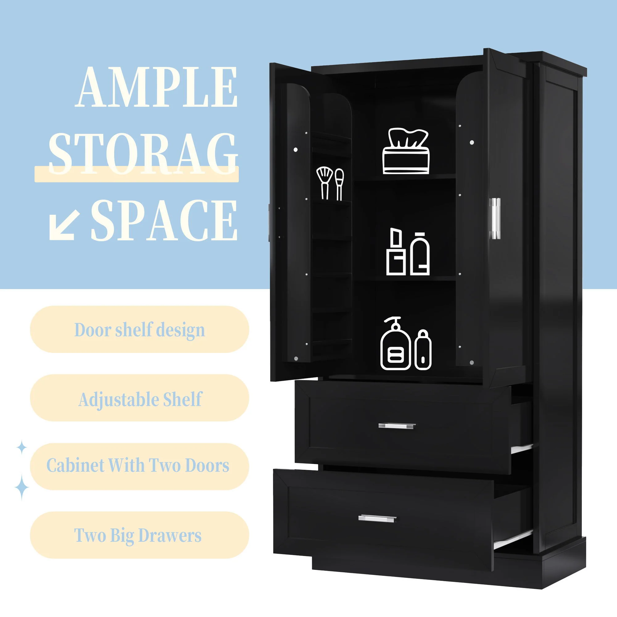 Tall Bathroom Storage Cabinet With 2 Doors And Drawers, Adjustable Shelf - Image 6