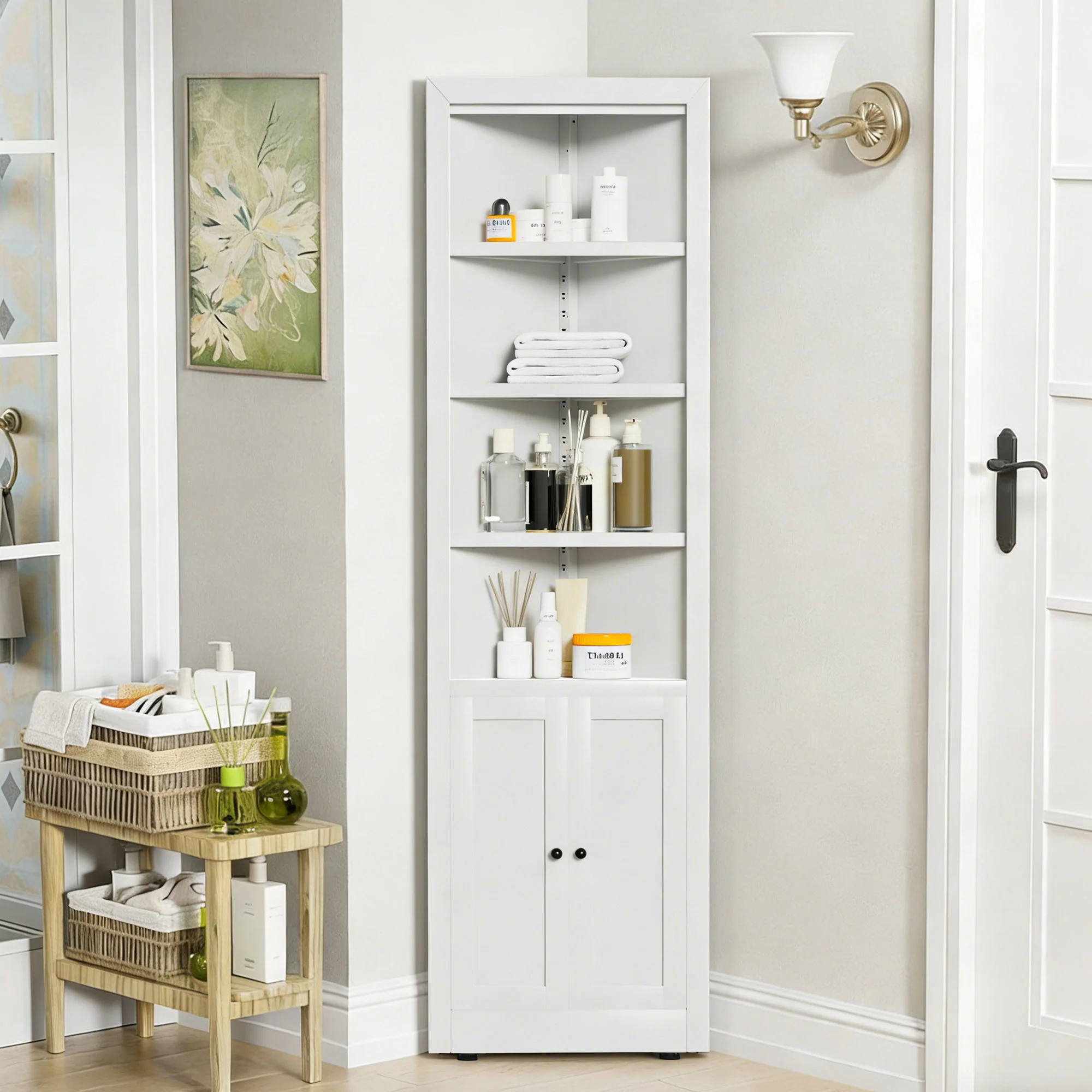 Tall Corner Storage Cabinet With 2 Doors, 5-Tier With Adjustable Shelve, Freestanding - White - Image 5