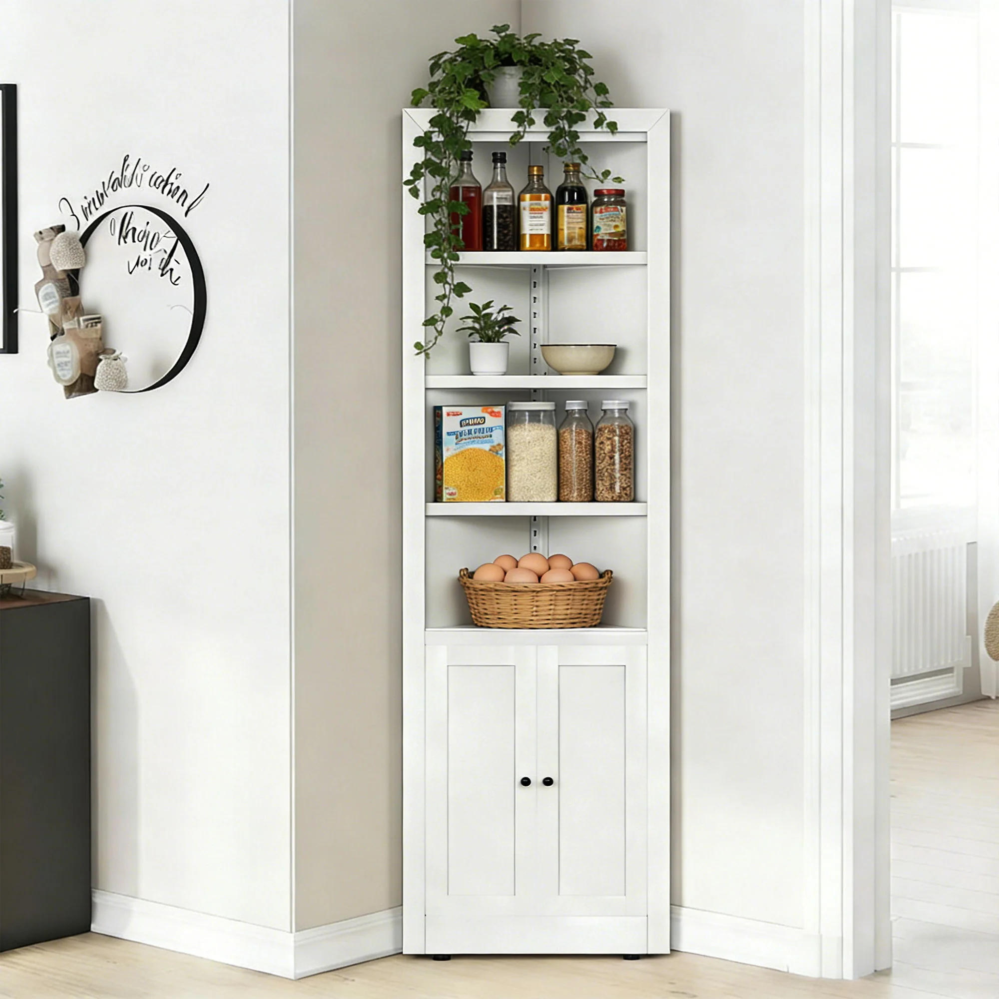Tall Corner Storage Cabinet With 2 Doors, 5-Tier With Adjustable Shelve, Freestanding - White - Image 6