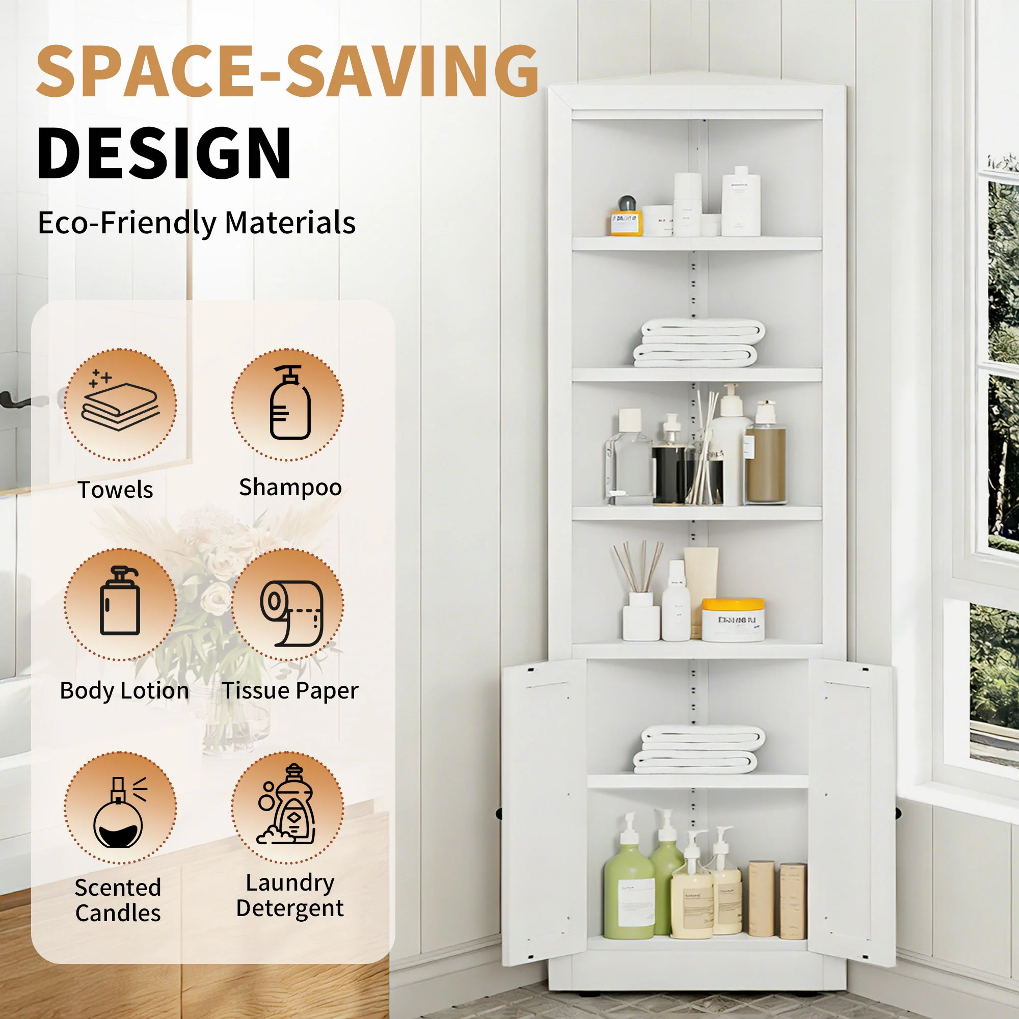 Tall Corner Storage Cabinet With 2 Doors, 5-Tier With Adjustable Shelve, Freestanding - White - Image 7