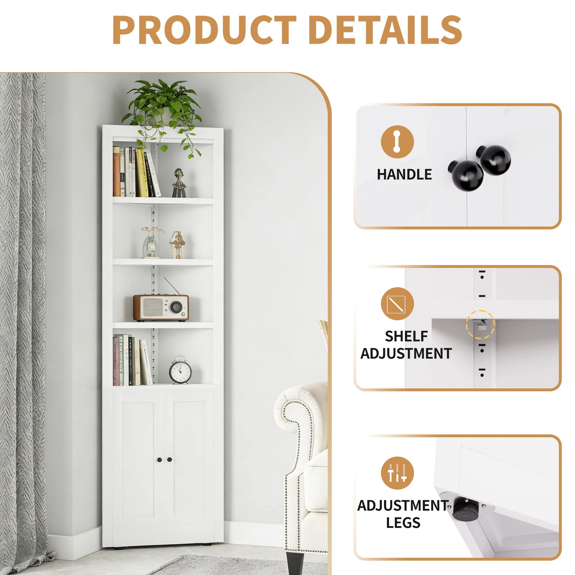 Tall Corner Storage Cabinet With 2 Doors, 5-Tier With Adjustable Shelves, Freestanding - White - Image 4
