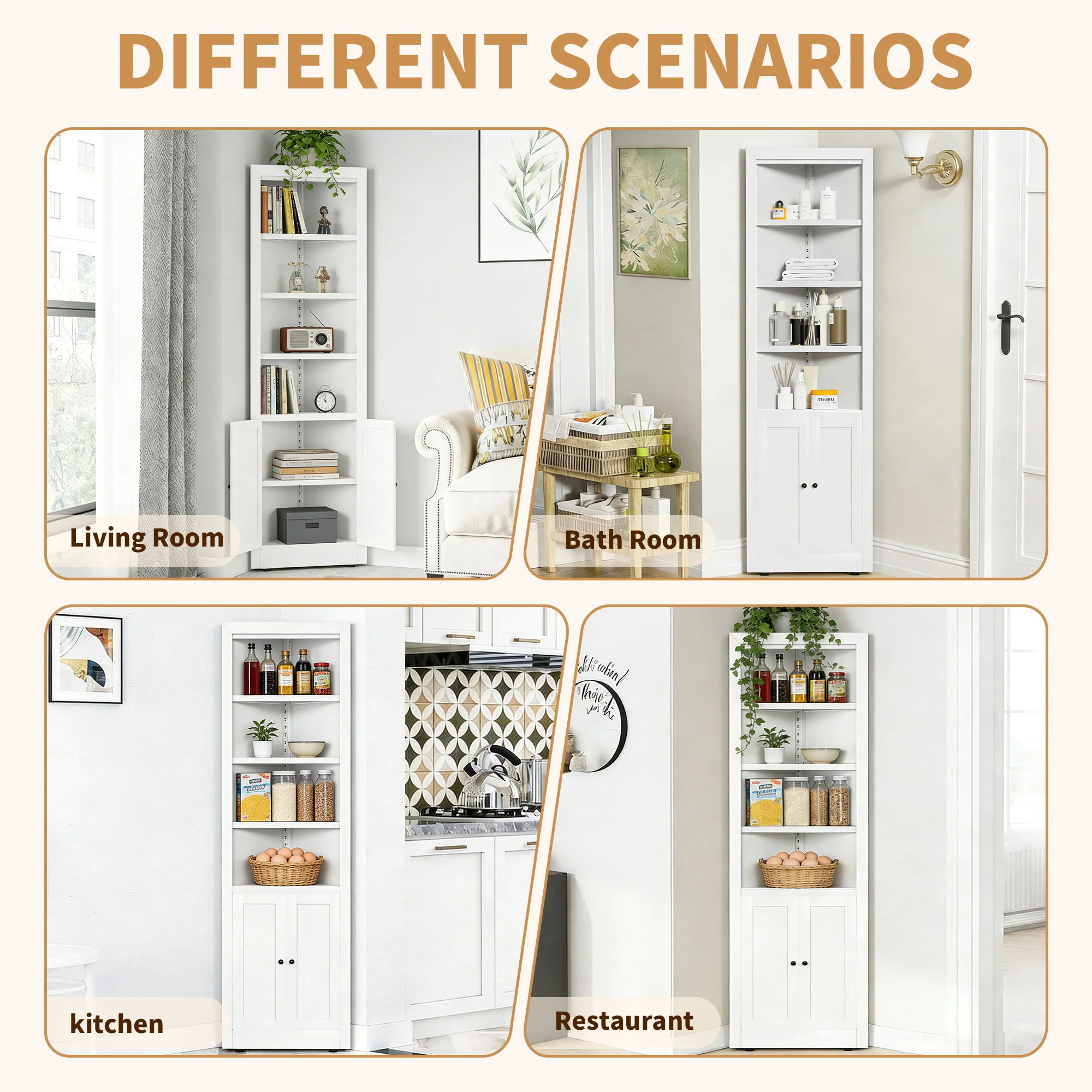 Tall Corner Storage Cabinet With 2 Doors, 5-Tier With Adjustable Shelves, Freestanding - White - Image 9