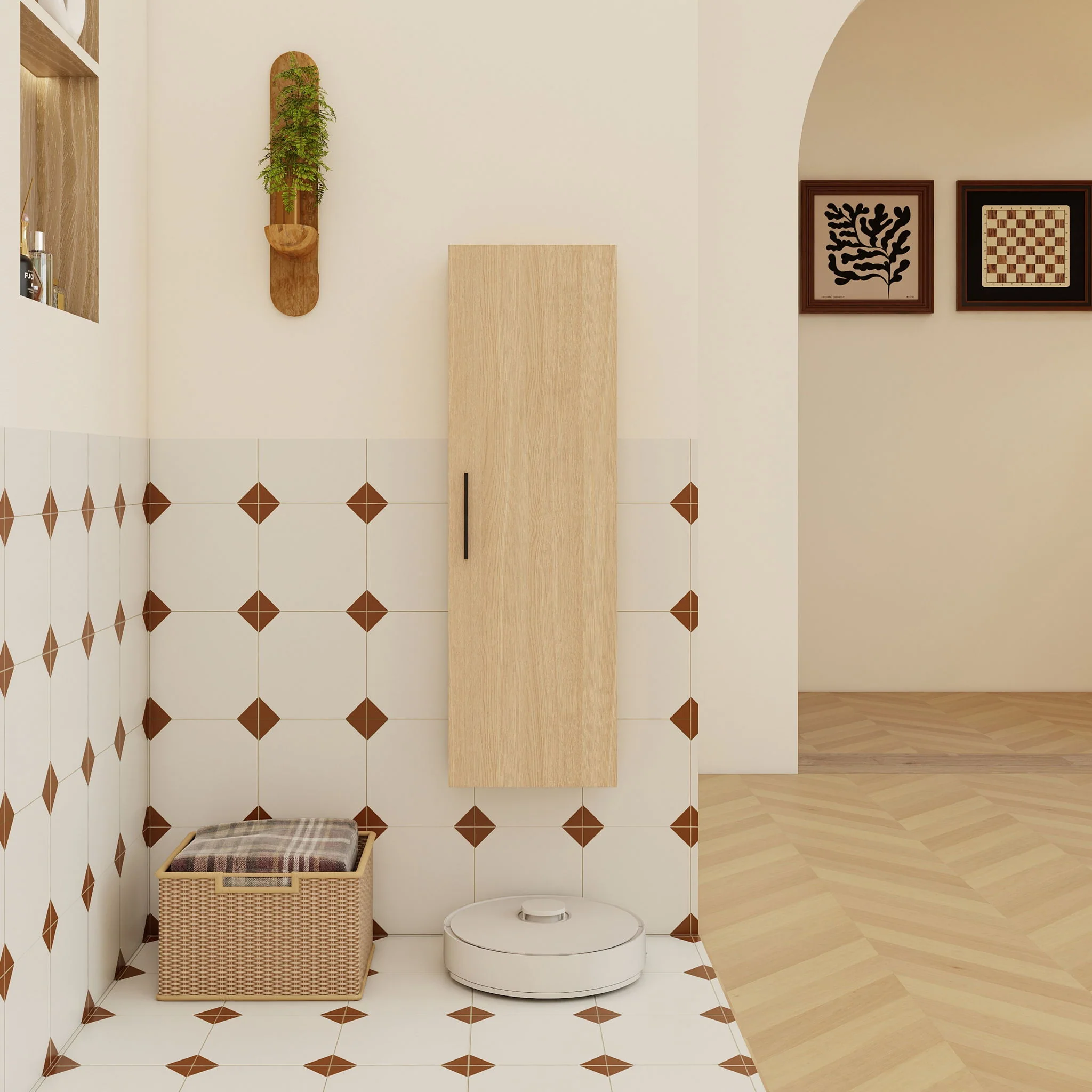 Tall Floating Bathroom Side Cabinet, Wall Mounted Single Door Storage - Light Oak - Image 3