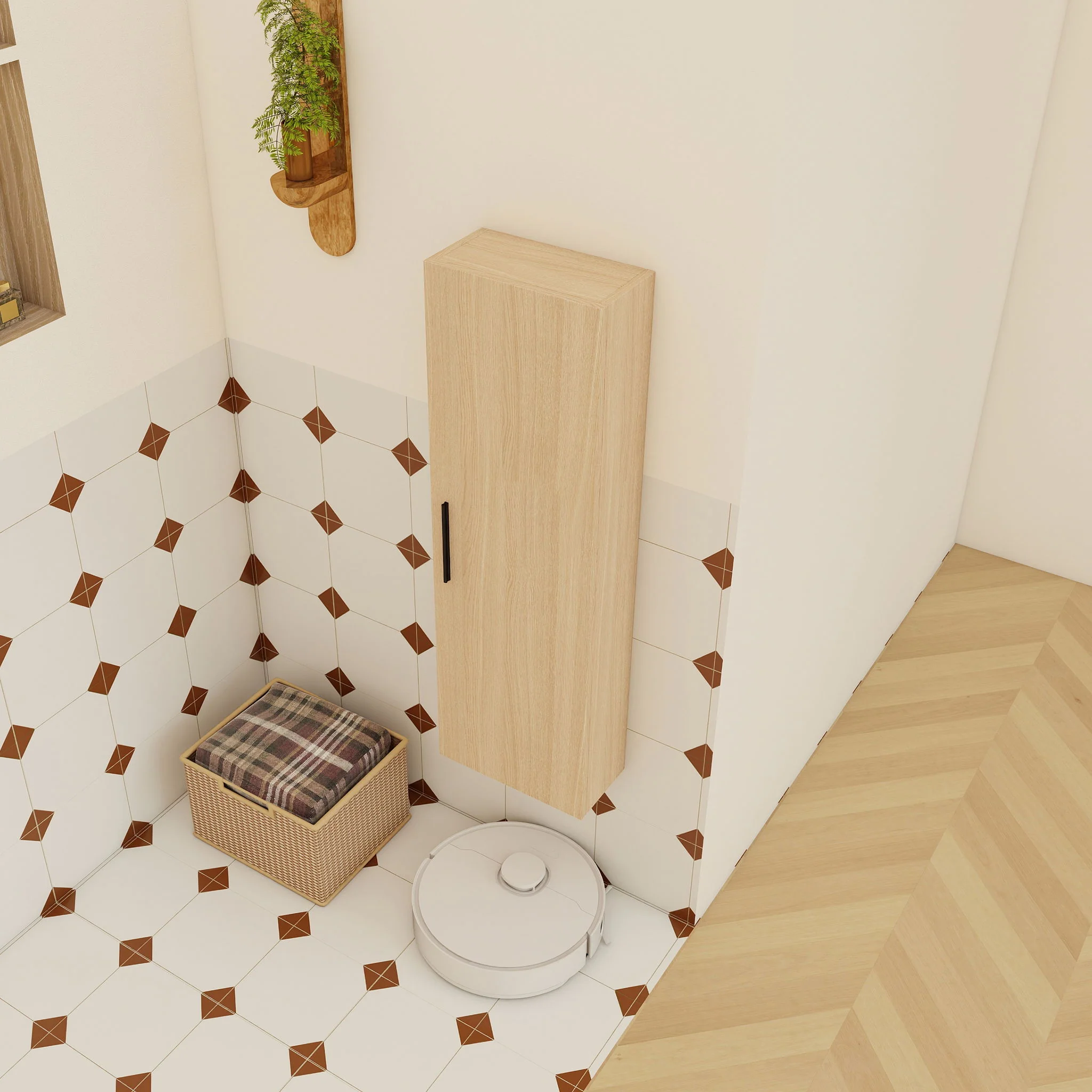 Tall Floating Bathroom Side Cabinet, Wall Mounted Single Door Storage - Light Oak - Image 4