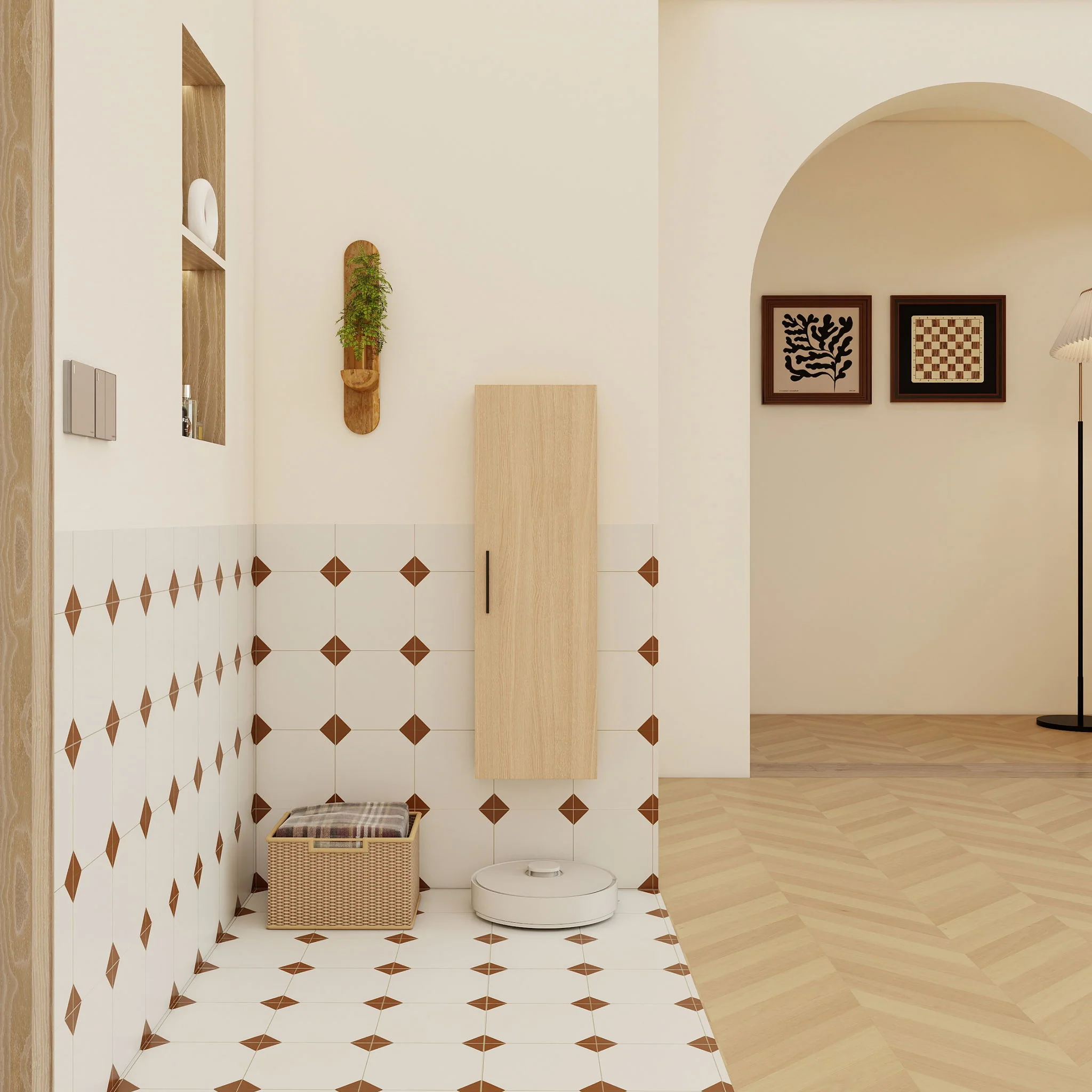 Tall Floating Bathroom Side Cabinet, Wall Mounted Single Door Storage - Light Oak - Image 5