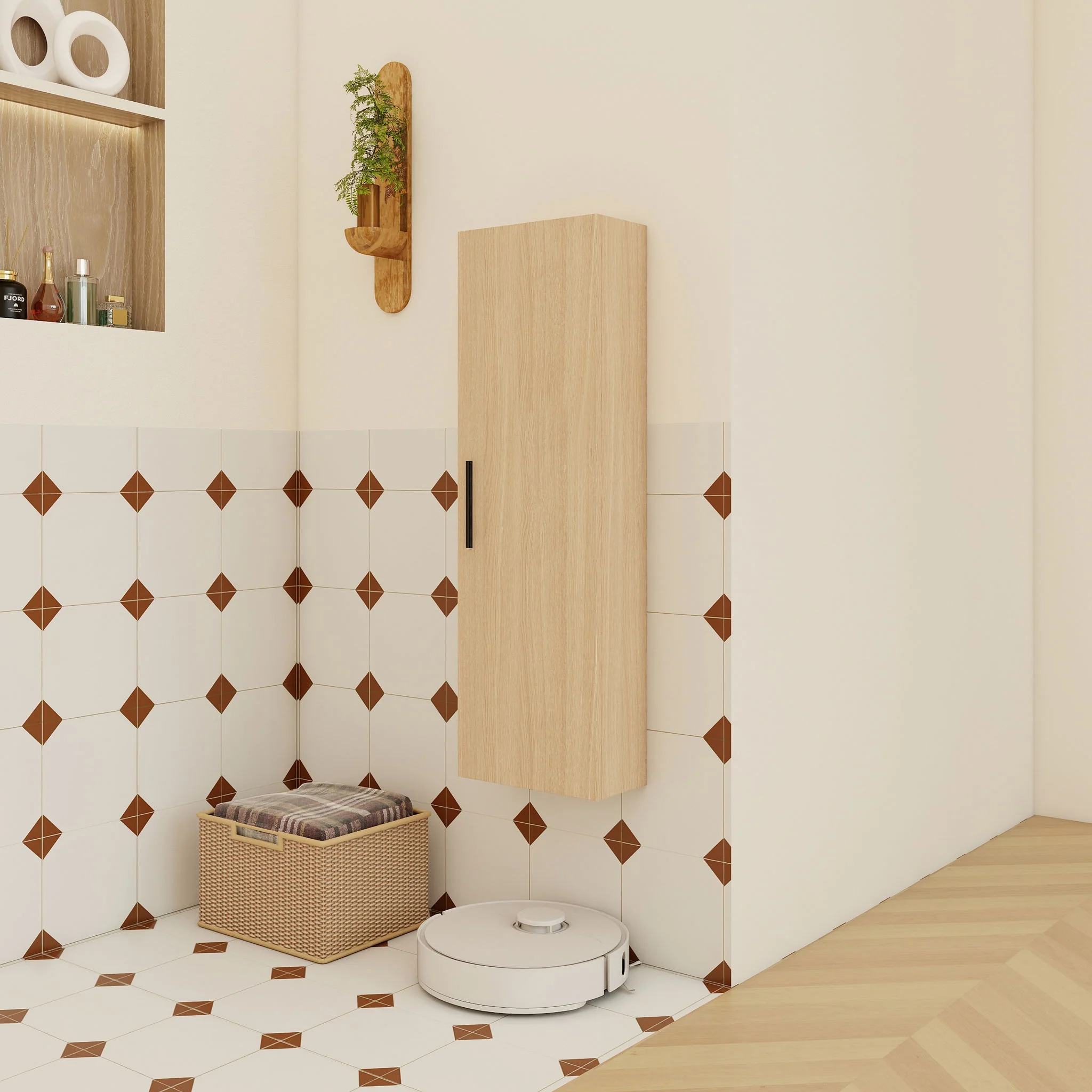 Tall Floating Bathroom Side Cabinet, Wall Mounted Single Door Storage - Light Oak - Image 7