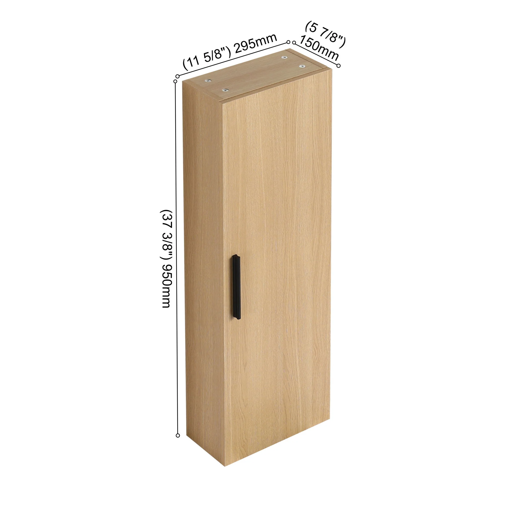 Tall Floating Bathroom Side Cabinet, Wall Mounted Single Door Storage - Light Oak - Image 8
