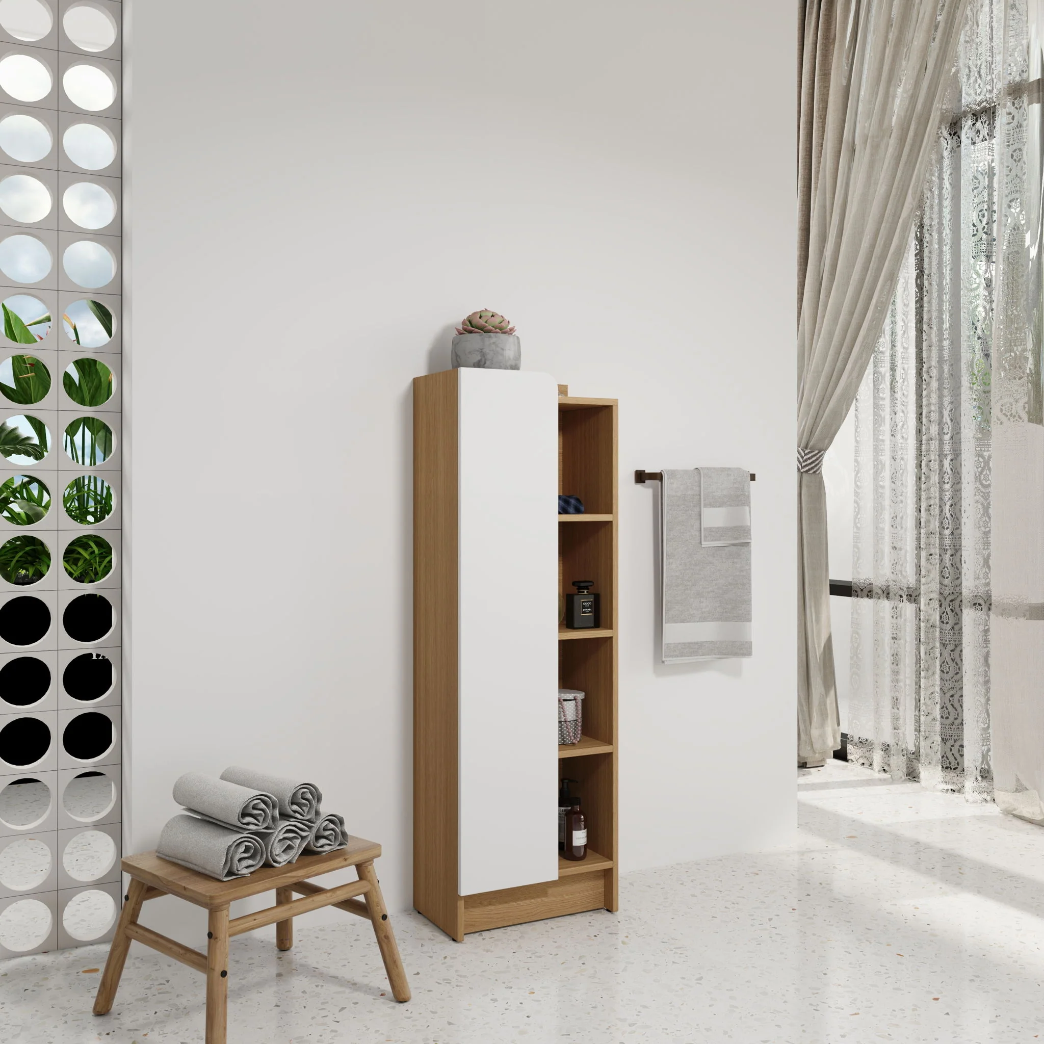 Tall Freestanding Bathroom Side Cabinet With Single Door & 4 Tier Open Shelves - Black / Light Oak / White - Image 2