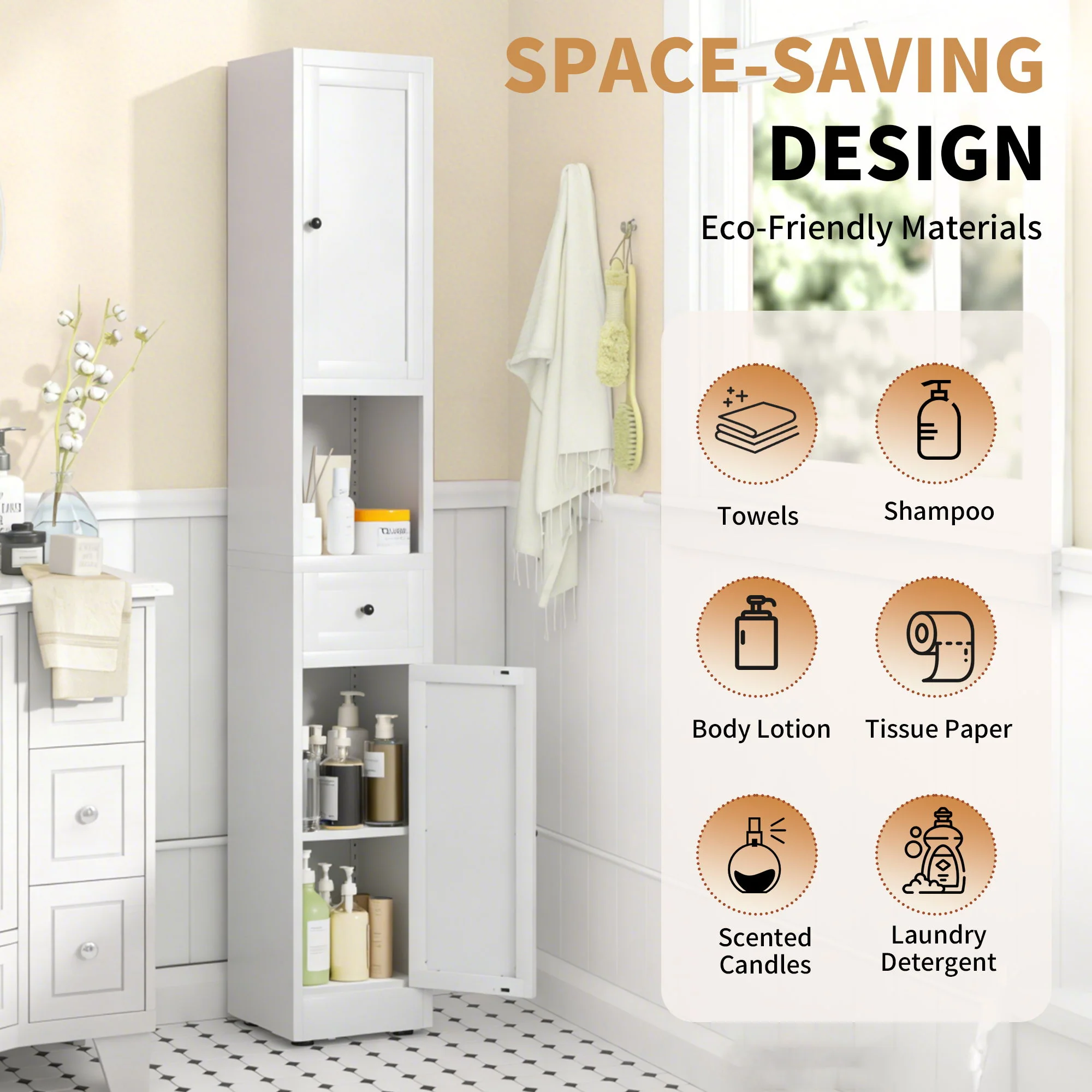Tall Narrow Bathroom Cabinet With 5-Tier Storage, Adjustable Shelves, Freestanding - White - Image 4