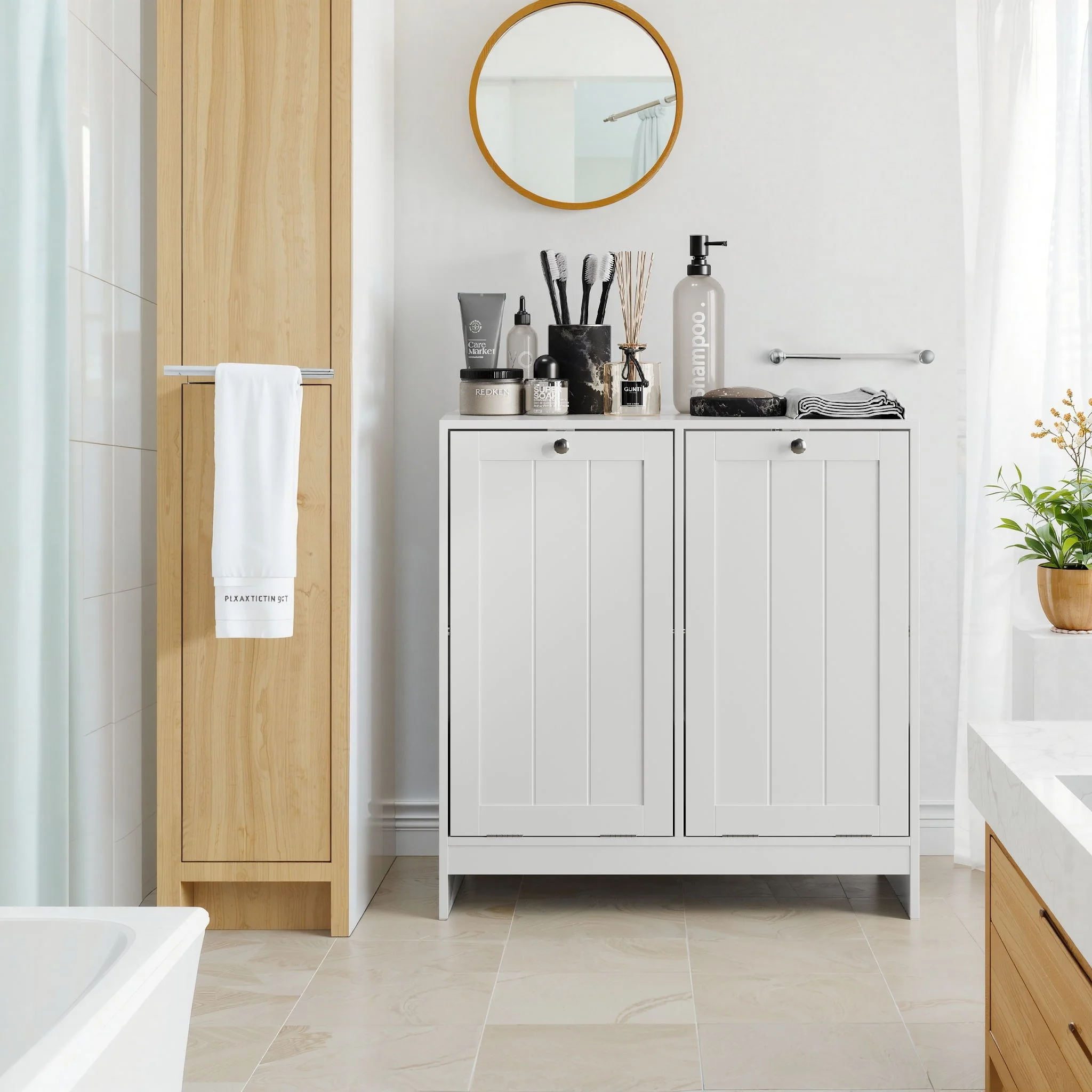 Tilted Laundry Hamper With Removable Basket, Hidden Storage Cabinet, Home Organizer For Bathroom - White - Image 5